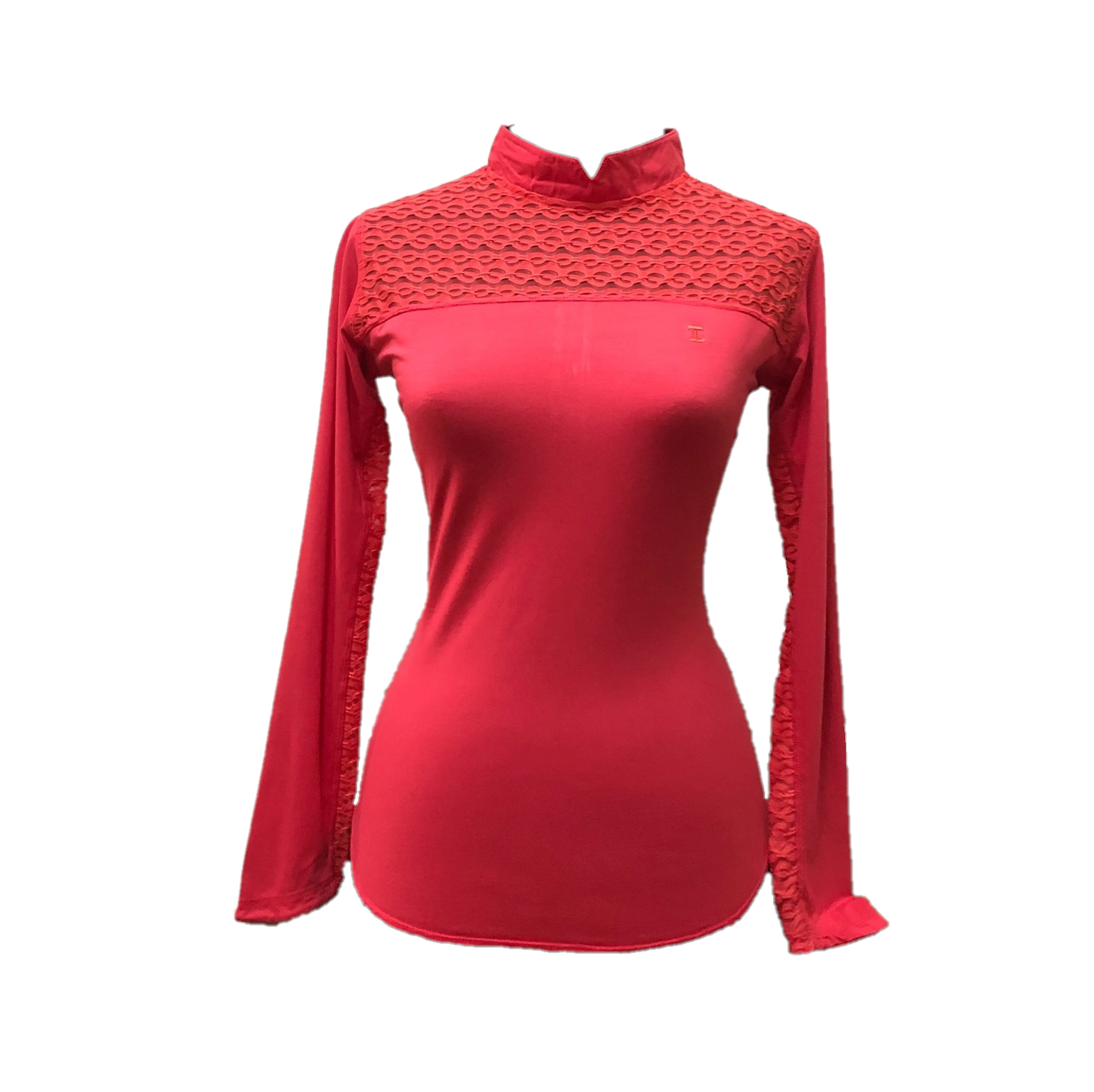 LT-088 || Ladies Top Dark Orange/Pink with Faux Lace Shoulder Saddle on Front and Underside Long Sleeve Panels – Rear Zip Turtle Neck Collar