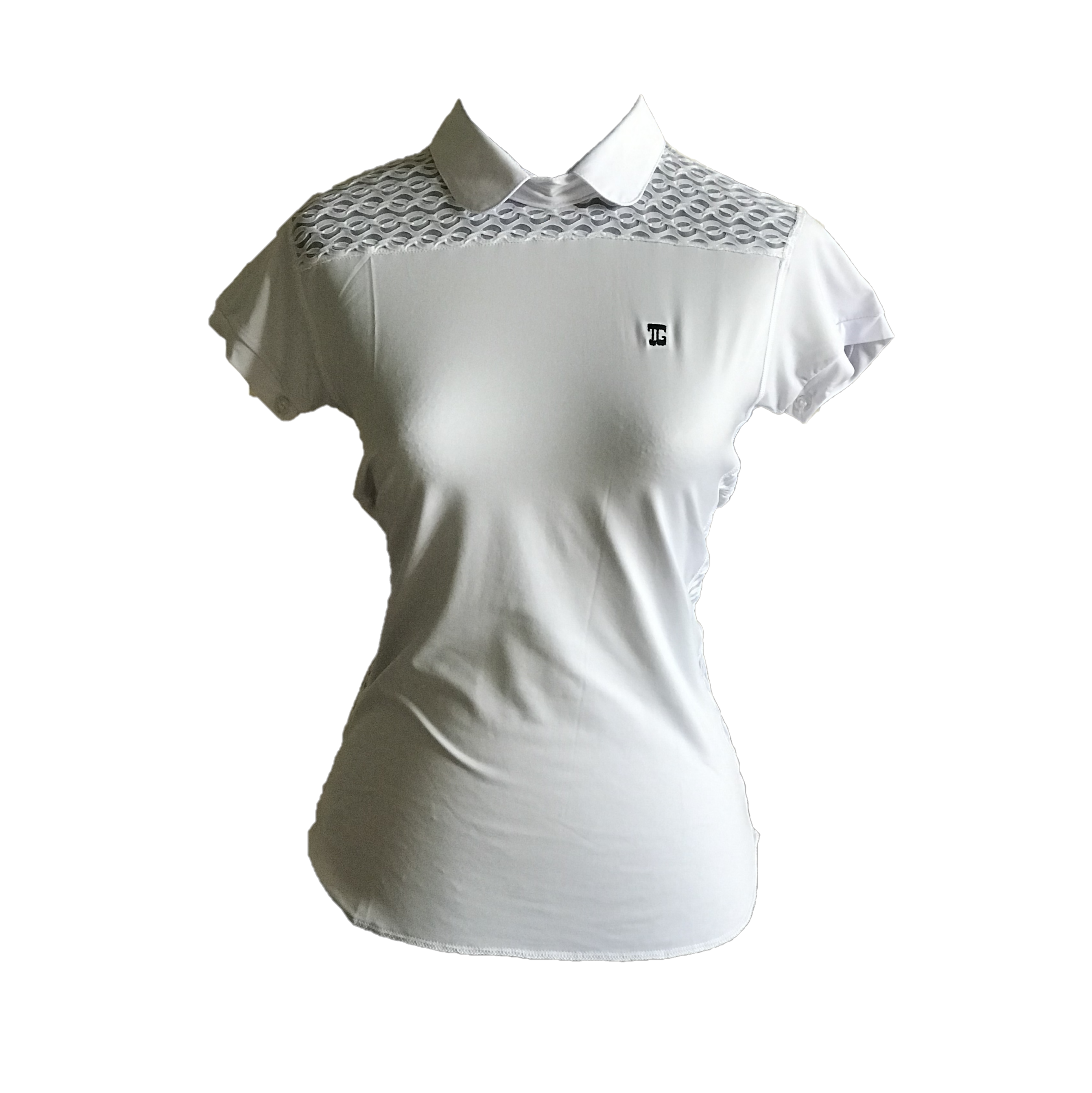 LT-089 || Ladies Top White With Faux Lace Shoulder Saddle on Front and Side Panels –  Rear Zip Peter Pan Collar