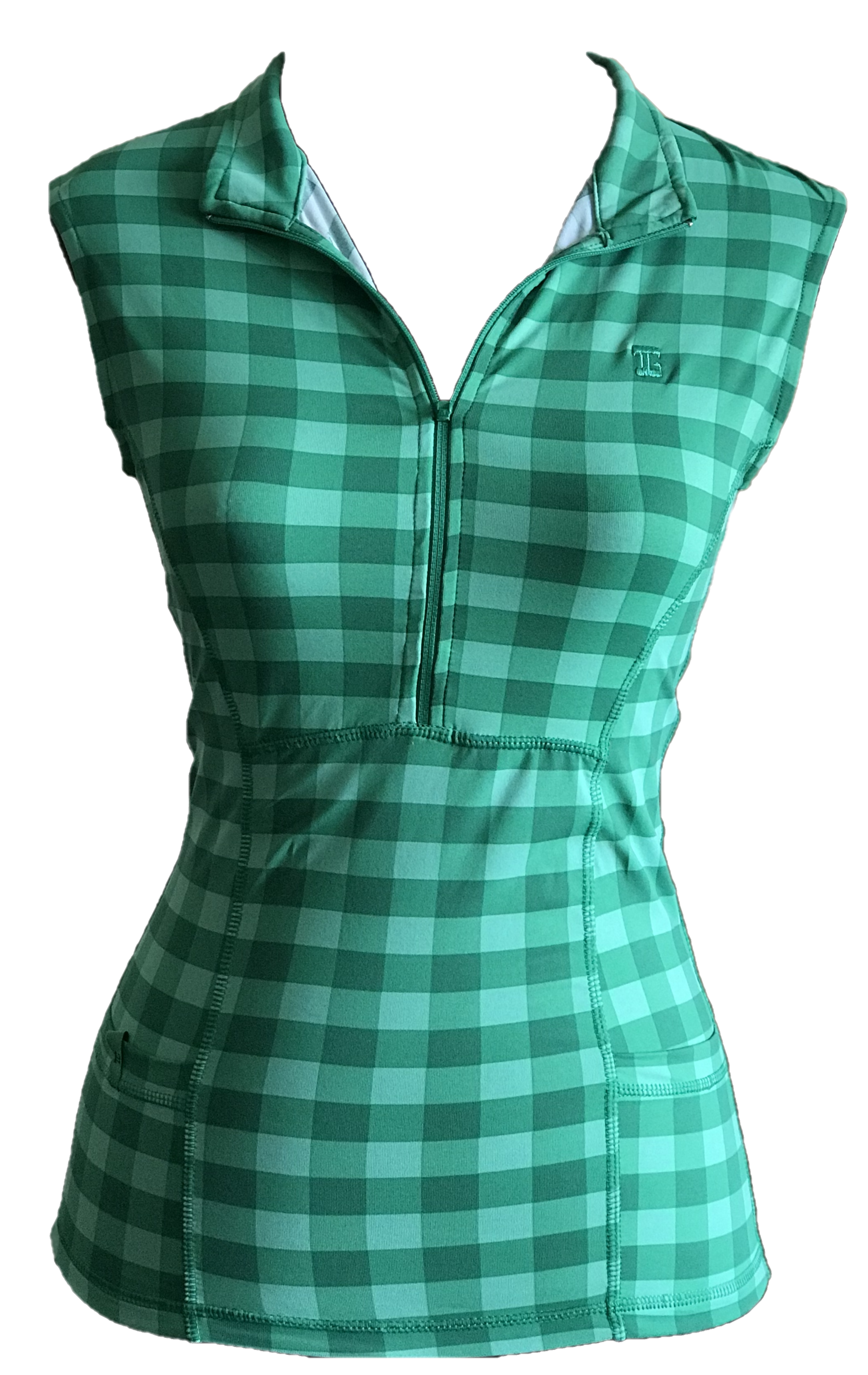 LT-086A || Ladies Top White/Green Square Pattern with Zipper Sleeveless