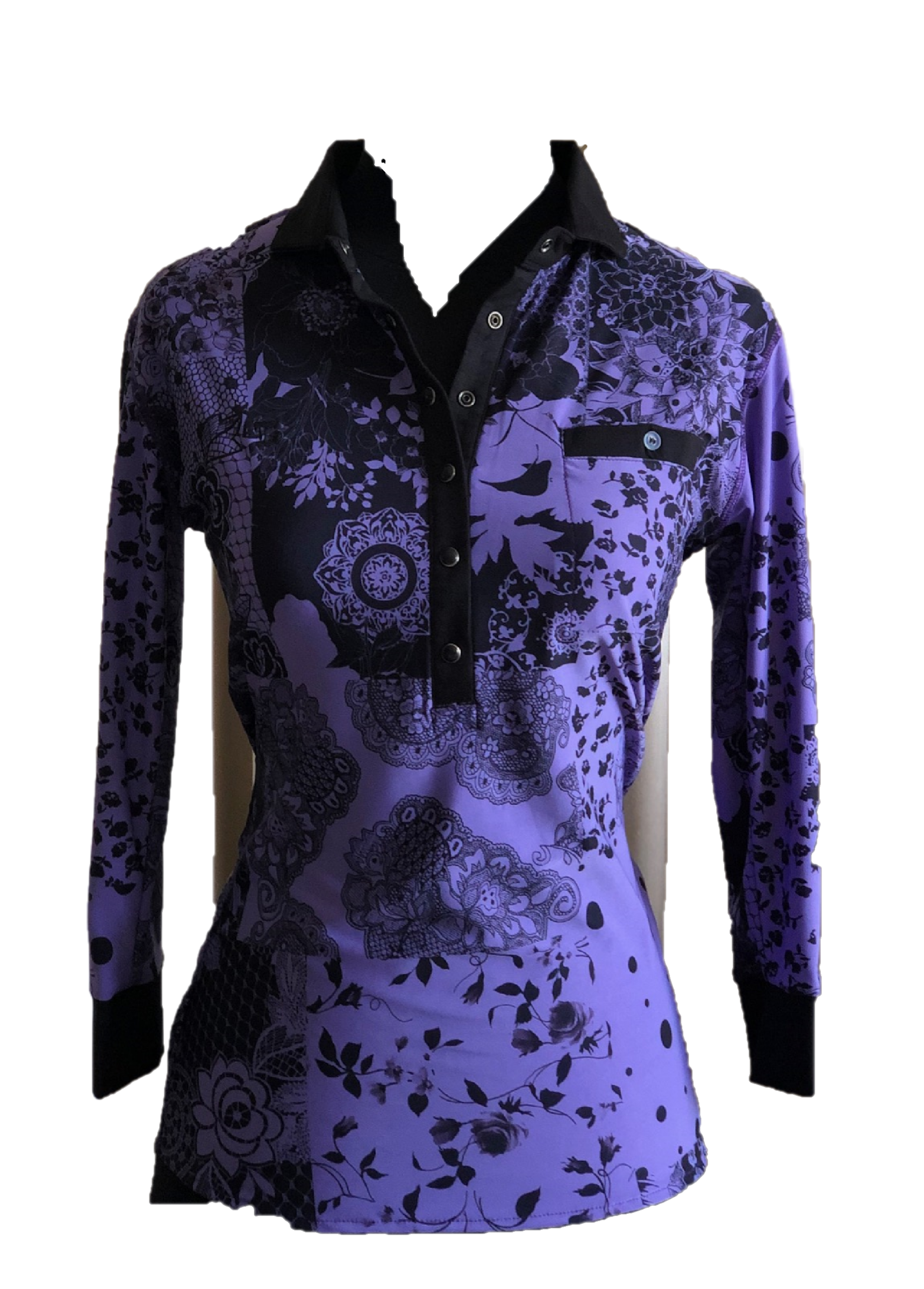 LT-090C || Ladies Top Purple with Black Flower Batik and  Black  Trim 3/4 Sleeves and Snap Pearl Buttons