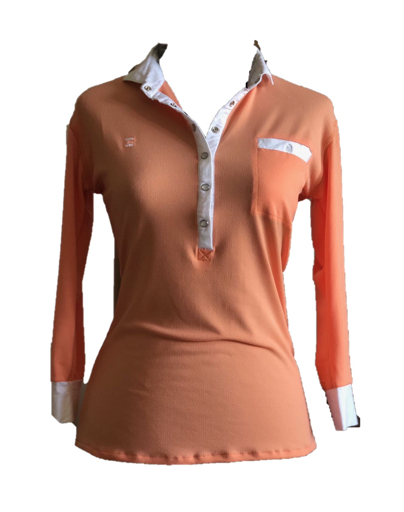 LT-090E || Ladies Top Apricot  with  White Trim 3/4 Sleeves and Snap Pearl Buttons