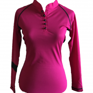 LT-072B || Ladies Top Pink with Button Mandarin Neck & Black Band One Arm Long Sleeve
