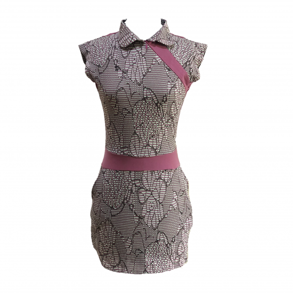 GD-011 || Golf Dress Mauve, Light Green & Black Modern Batik  with Mauve Waist Sash & Shoulder Slash  Very Short Sleeve