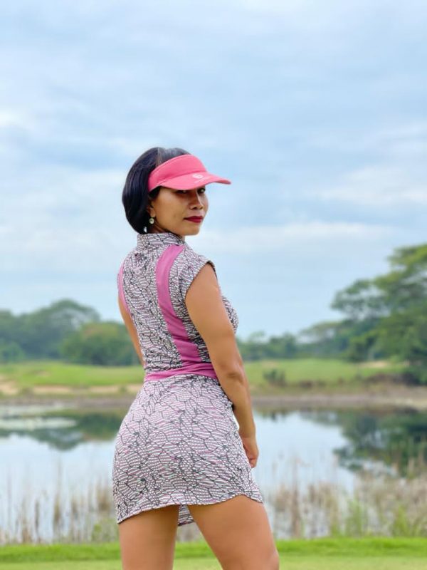 GD-011 || Golf Dress Mauve, Light Green & Black Modern Batik  with Mauve Waist Sash & Shoulder Slash  Very Short Sleeve - Image 4