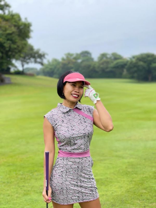 GD-011 || Golf Dress Mauve, Light Green & Black Modern Batik  with Mauve Waist Sash & Shoulder Slash  Very Short Sleeve - Image 2
