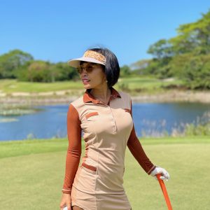 GD-012 || Golf Dress Fawn with Dark Brown 2 Tone Front LS 2 Reverse Tone Rear Mock Breast Pocket Trims w 2 Waist Pockets