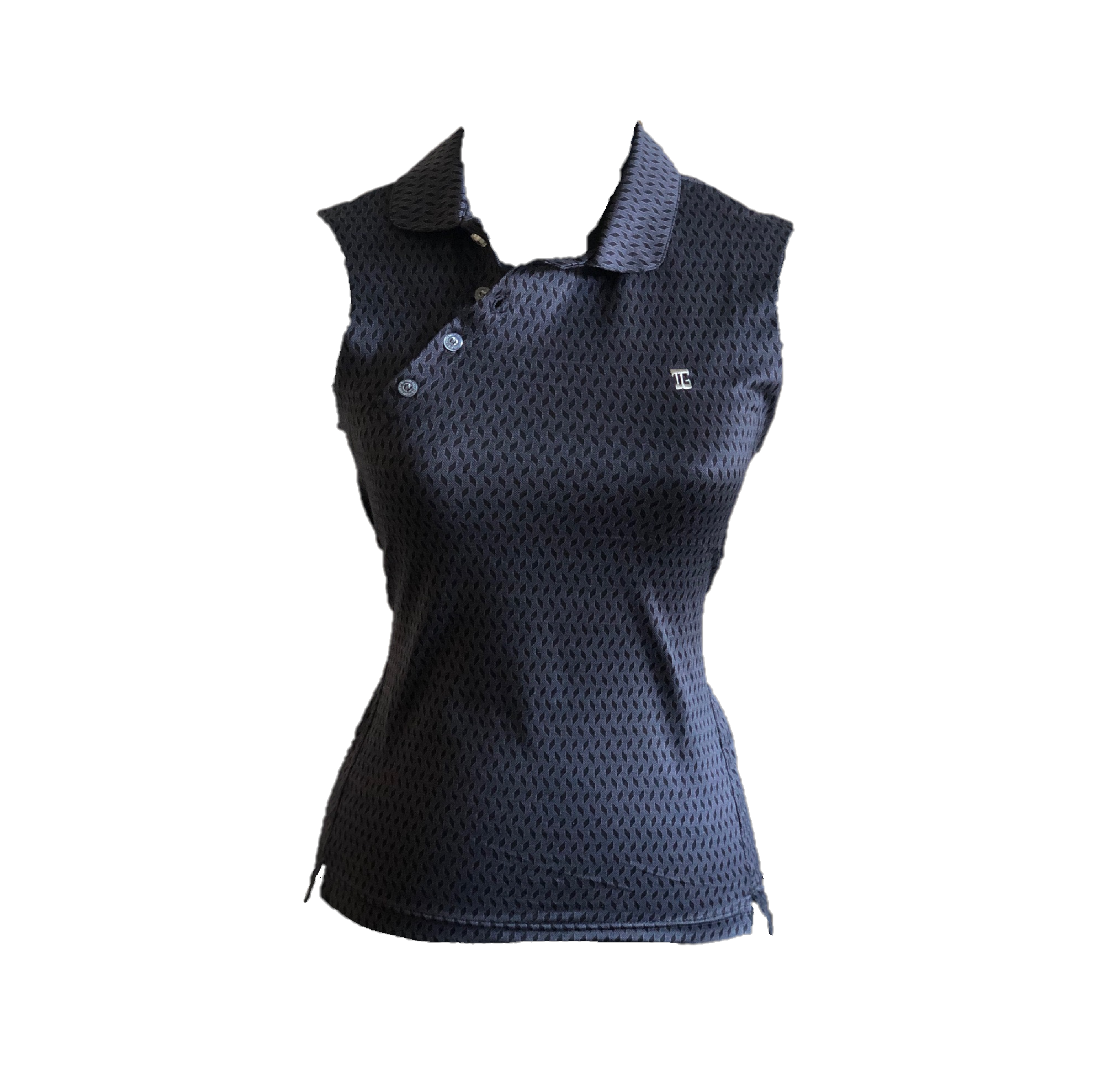 LT-091 || Ladies Sleeveless Top Dark Charcoal with Black Geometric Pattern Angled 4 Button Neck