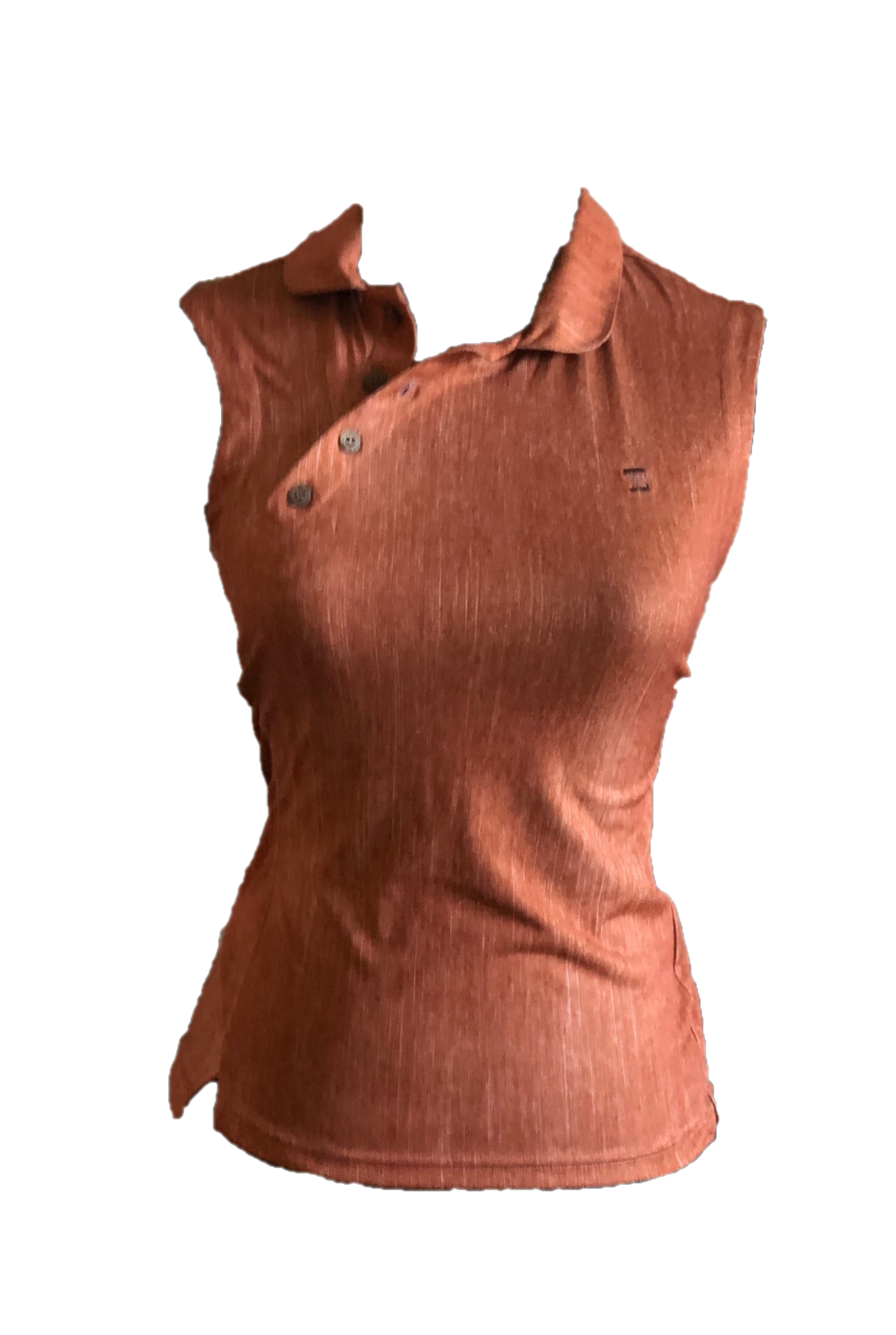 LT-091A || Ladies Sleeveless Top Burnt Orange with Fine Off White Fleck, Angled 4 Button Neck