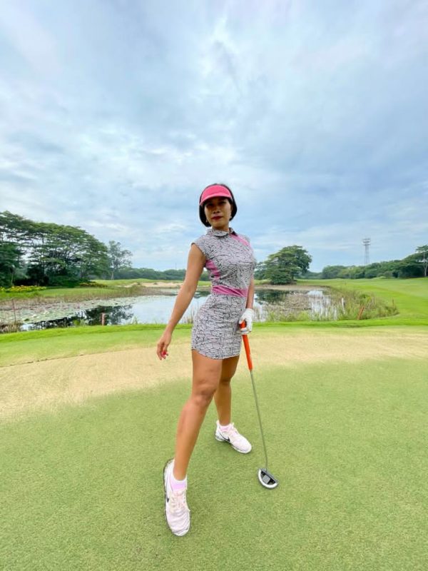 GD-011 || Golf Dress Mauve, Light Green & Black Modern Batik  with Mauve Waist Sash & Shoulder Slash  Very Short Sleeve - Image 3