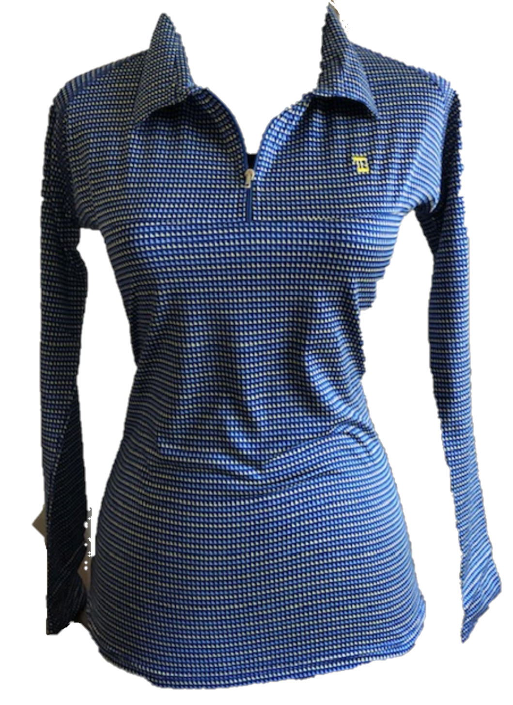 TG-LT-095 || Ladies Top Long Sleeve Mid Blue With Blue And Yellow Hounds Tooth Motif & Zipper Neck