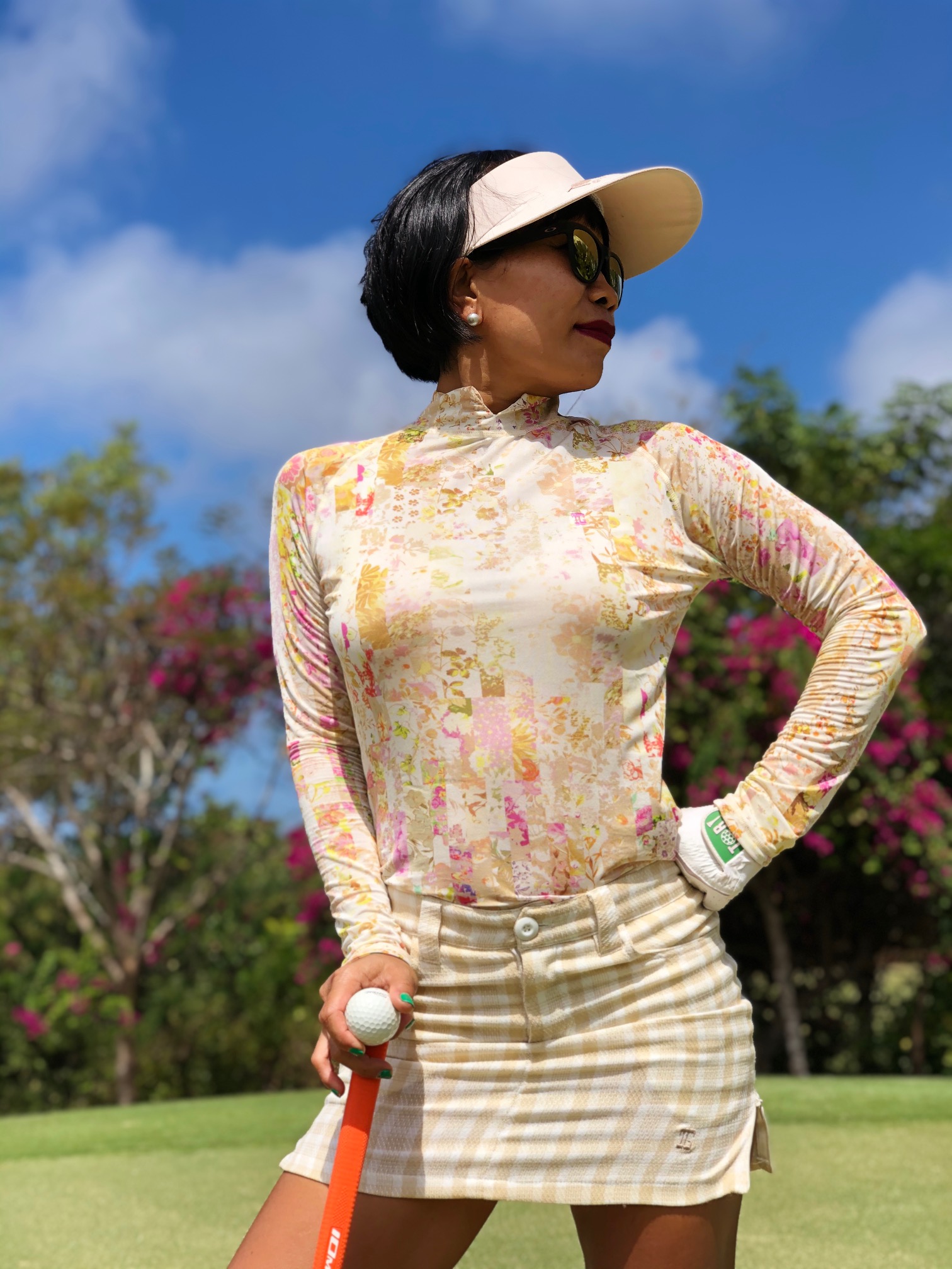 LT-074A || Ladies Top White with Yellow Flower v Turtle Neck - Image 3