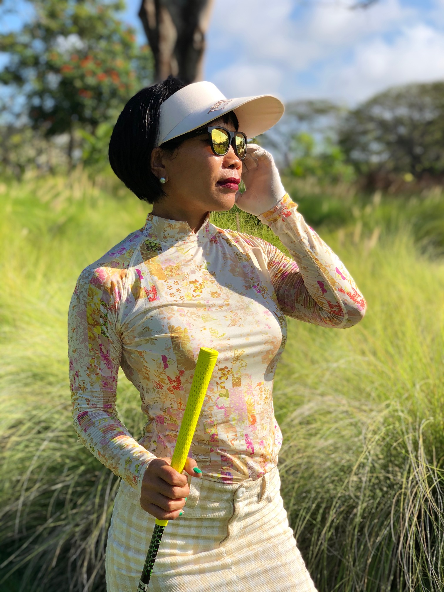 LT-074A || Ladies Top White with Yellow Flower v Turtle Neck - Image 2