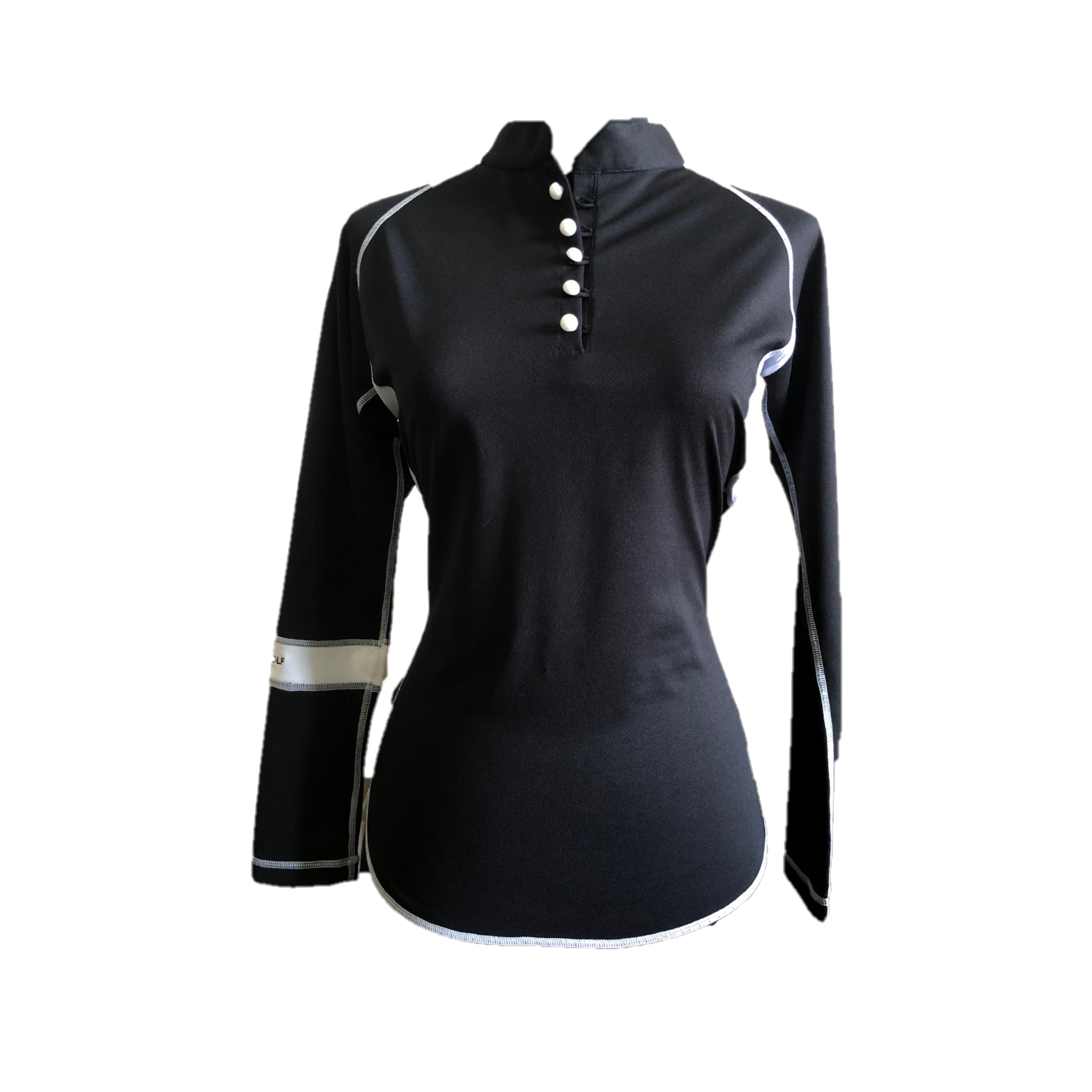 LT-072A || Ladies Top Black with button Mandarin Neck & White Band One Arm LS