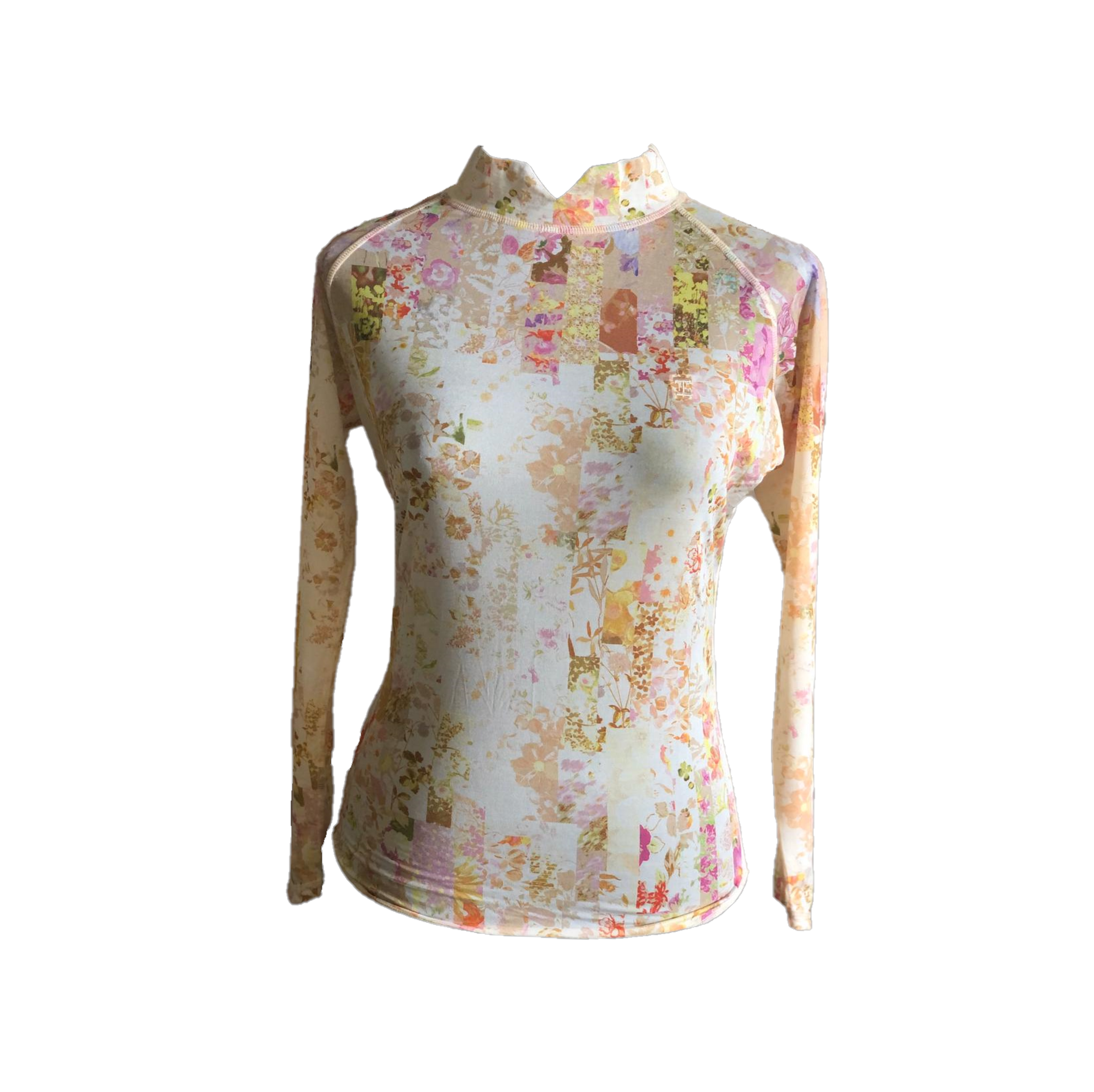 LT-074A || Ladies Top White with Yellow Flower v Turtle Neck