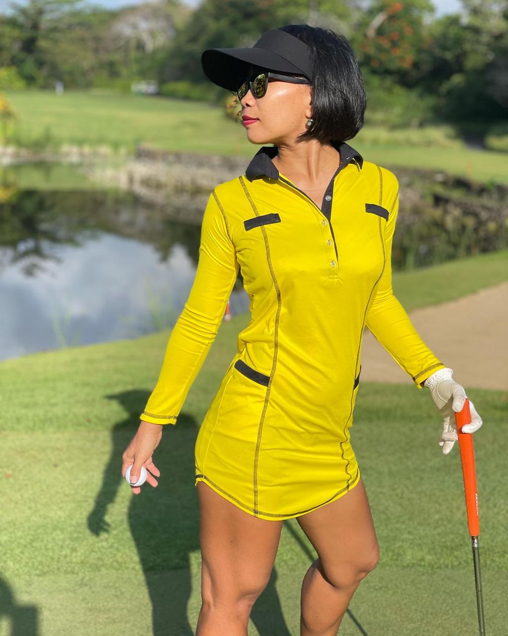 GD-012B || Golf Dress Bright Yellow With Black Trim And Black Overlocked Seams  LS  Mock Breast Pocket Trims With 2 Waist Pockets
