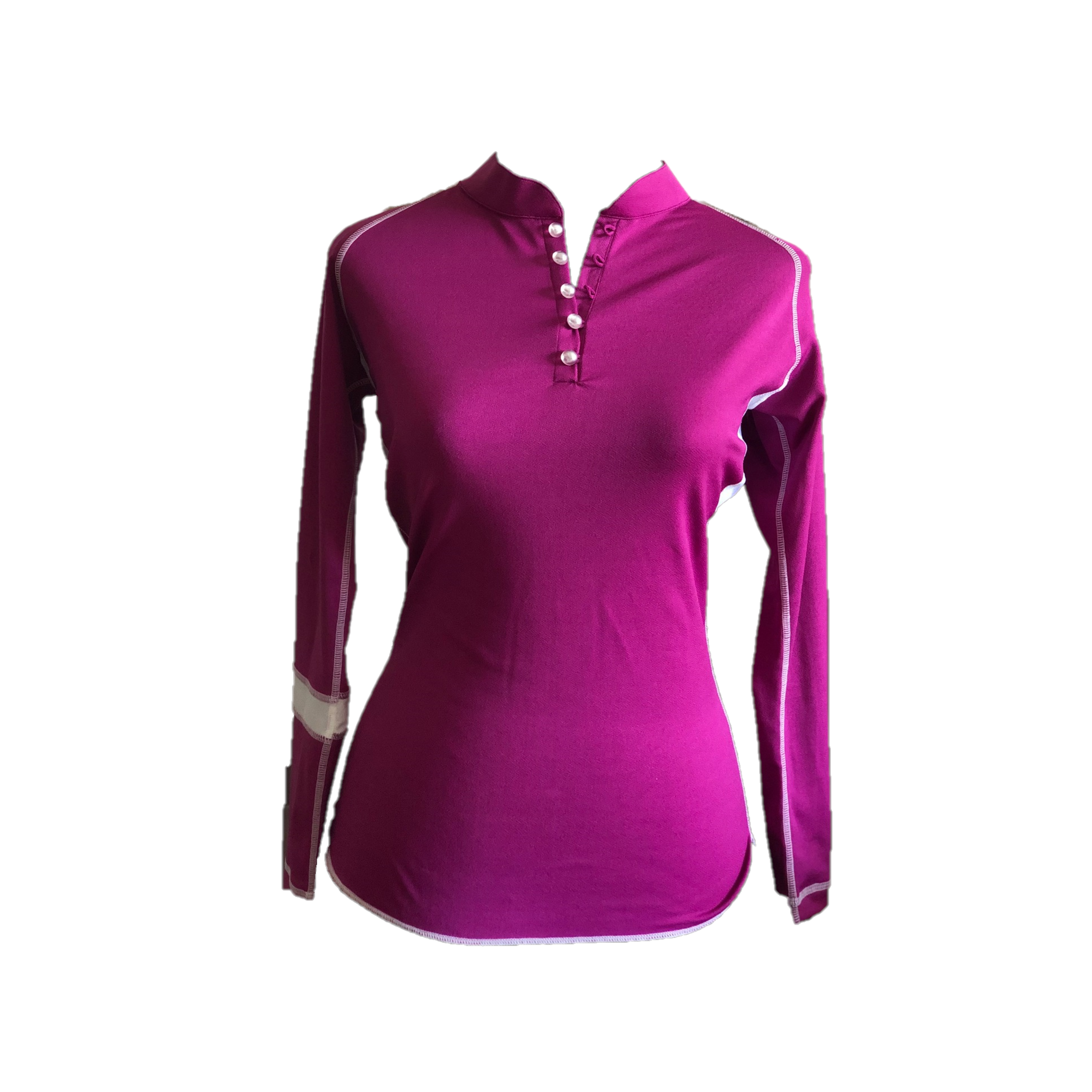 LT-072C || Ladies Top Dark Mauve with White Pearl Button Mandarin Neck and Long Sleeves White Band One Arm Sleeve