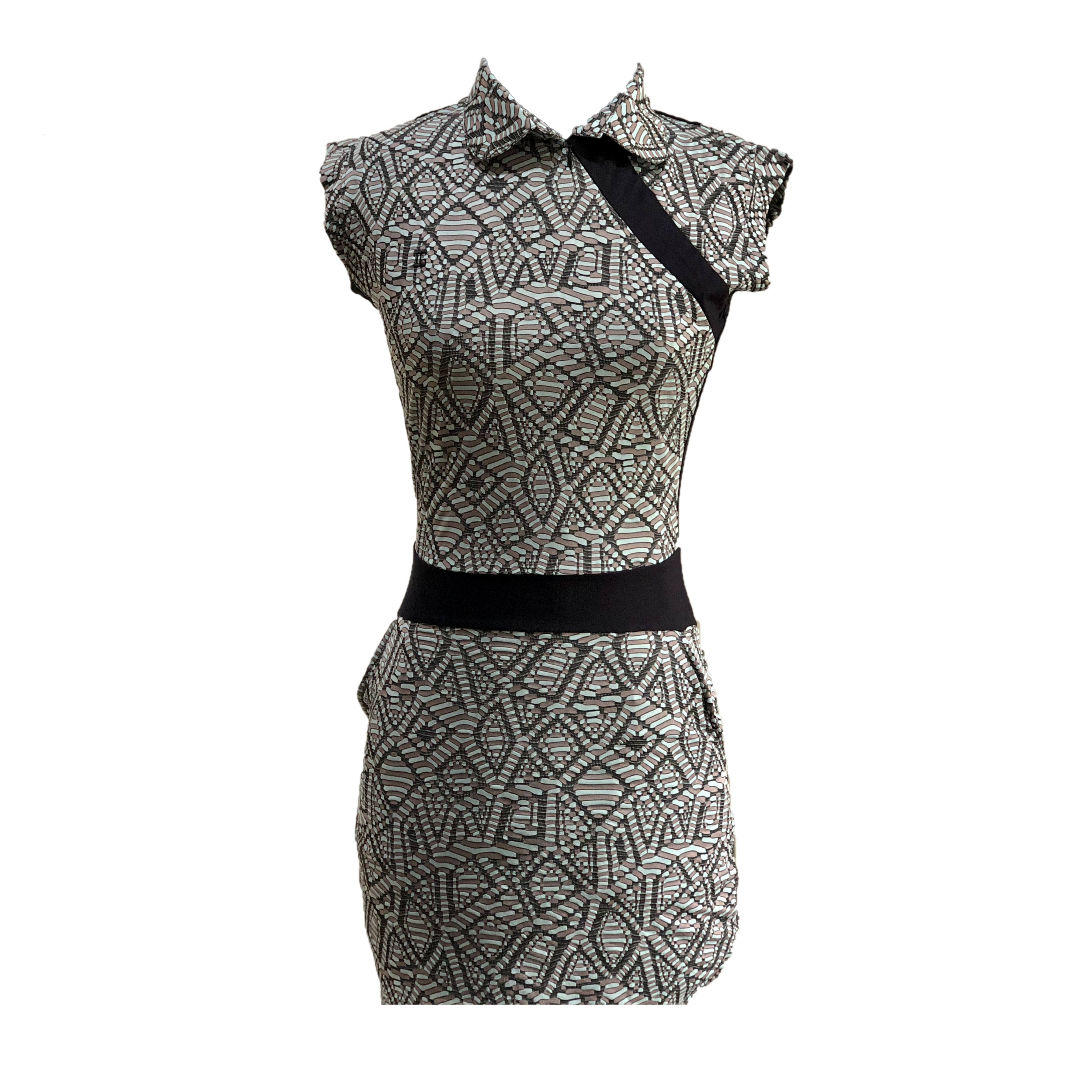 GD-011A || Golf Dress Ultra Short Sleeve Black, Green & Brown Modern Batik  with Black Waist Sash & Shoulder Slash