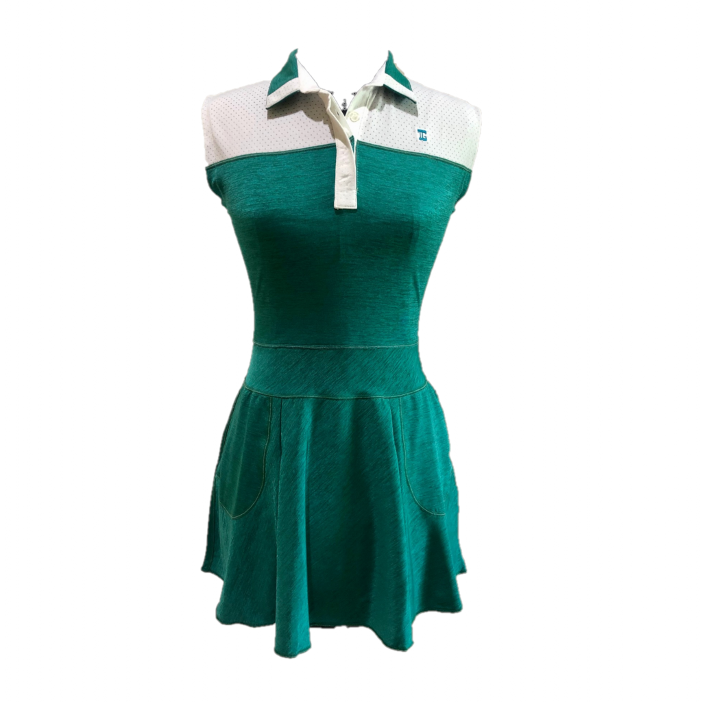 GD-013 || Golf Dress Sleeveless Mid Green Textured Cloth White Shoulder  Panel and Green & White Collar / Neck Trim - Tori Golf