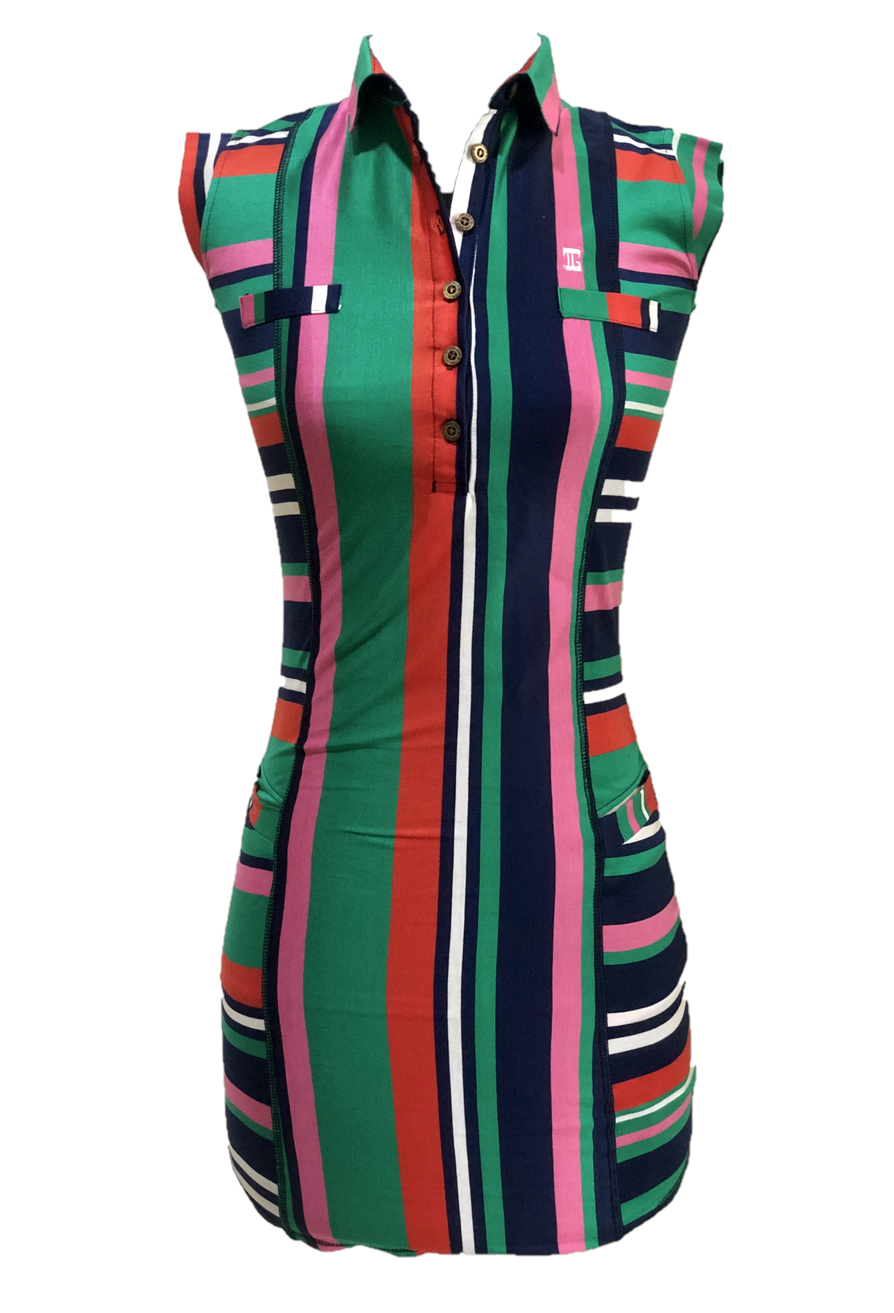 GD-014C || Golf Dress Ultra Short Sleeve Multi Colored Vertical Front And Back Broad Stripes And Horizontal Side  (Navy, Pink Green, Red And White)