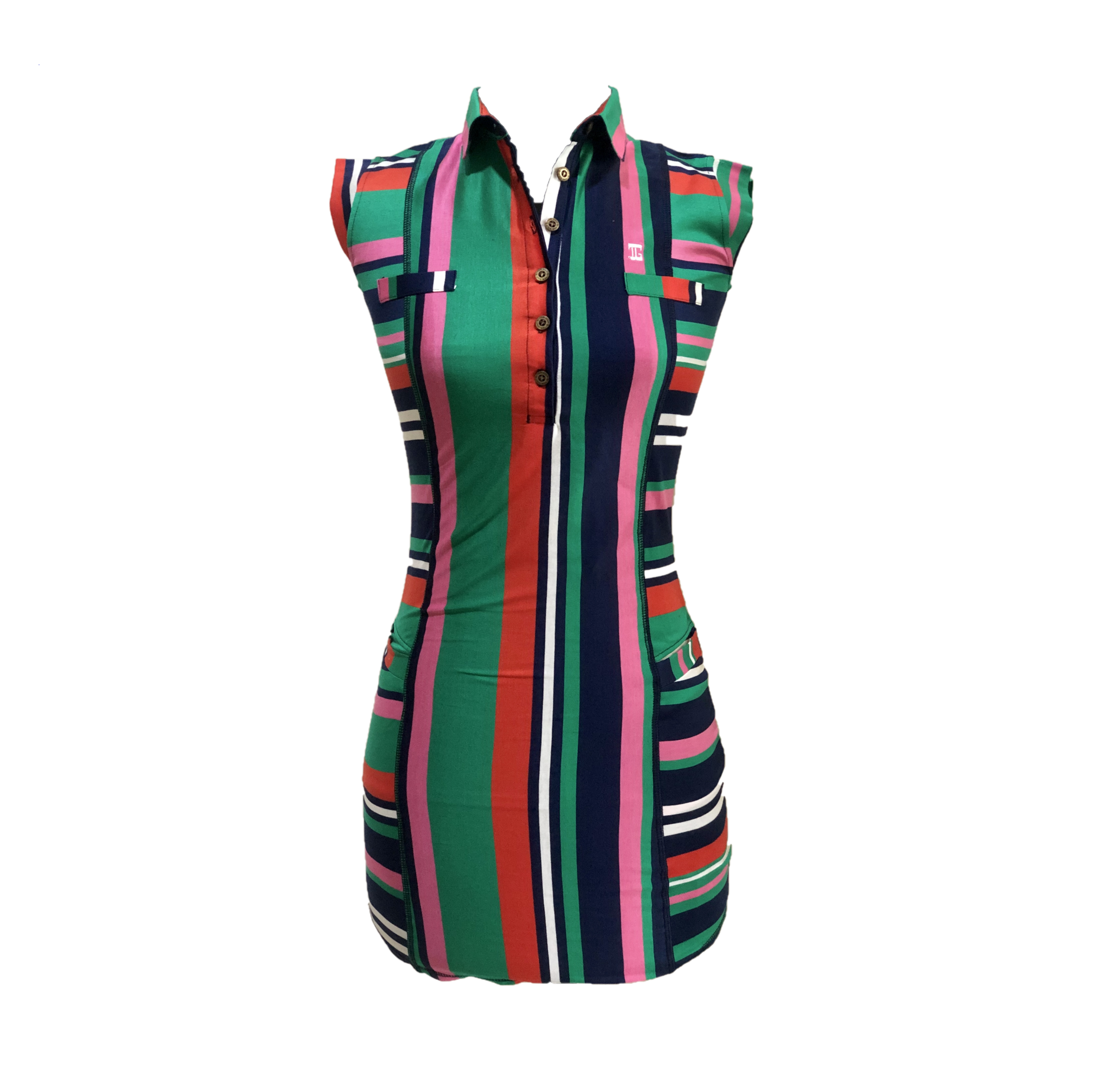 GD-014C || Golf Dress Ultra Short Sleeve Multi Colored Vertical Front and Back Broad Stripes and Horizontal Side  (Navy, Pink Green, Red and White)