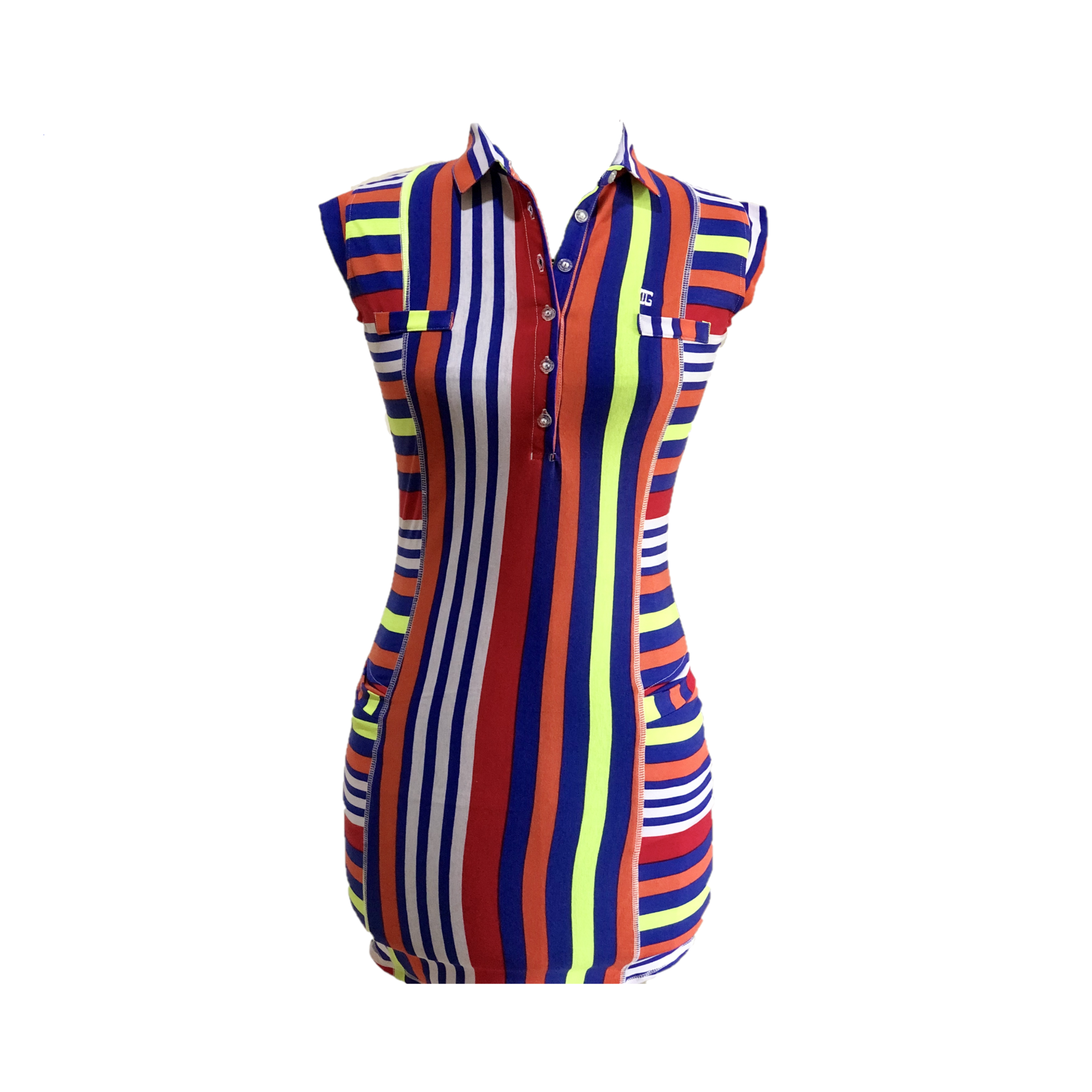 GD-014D || Golf Dress Ultra Short Sleeve Multi Colored Vertical Front and Back Narrow Stripes and Horizontal Side  (Lime Green, Orange, White, Blue and Red )