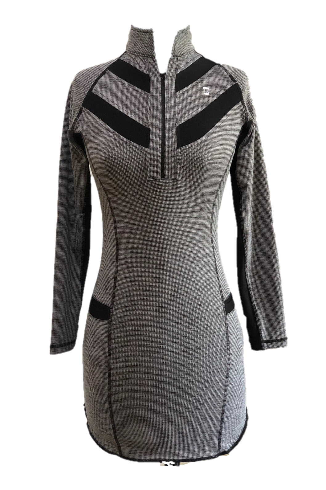 GD-018 || Golf Dress Long Sleeved Charcoal And White Textured Fabric, Wide Back Chevron Stripes 2 Each Side Of Front Collar, Zip Mock Polo Neck, 2 Front Pockets With Black Trim
