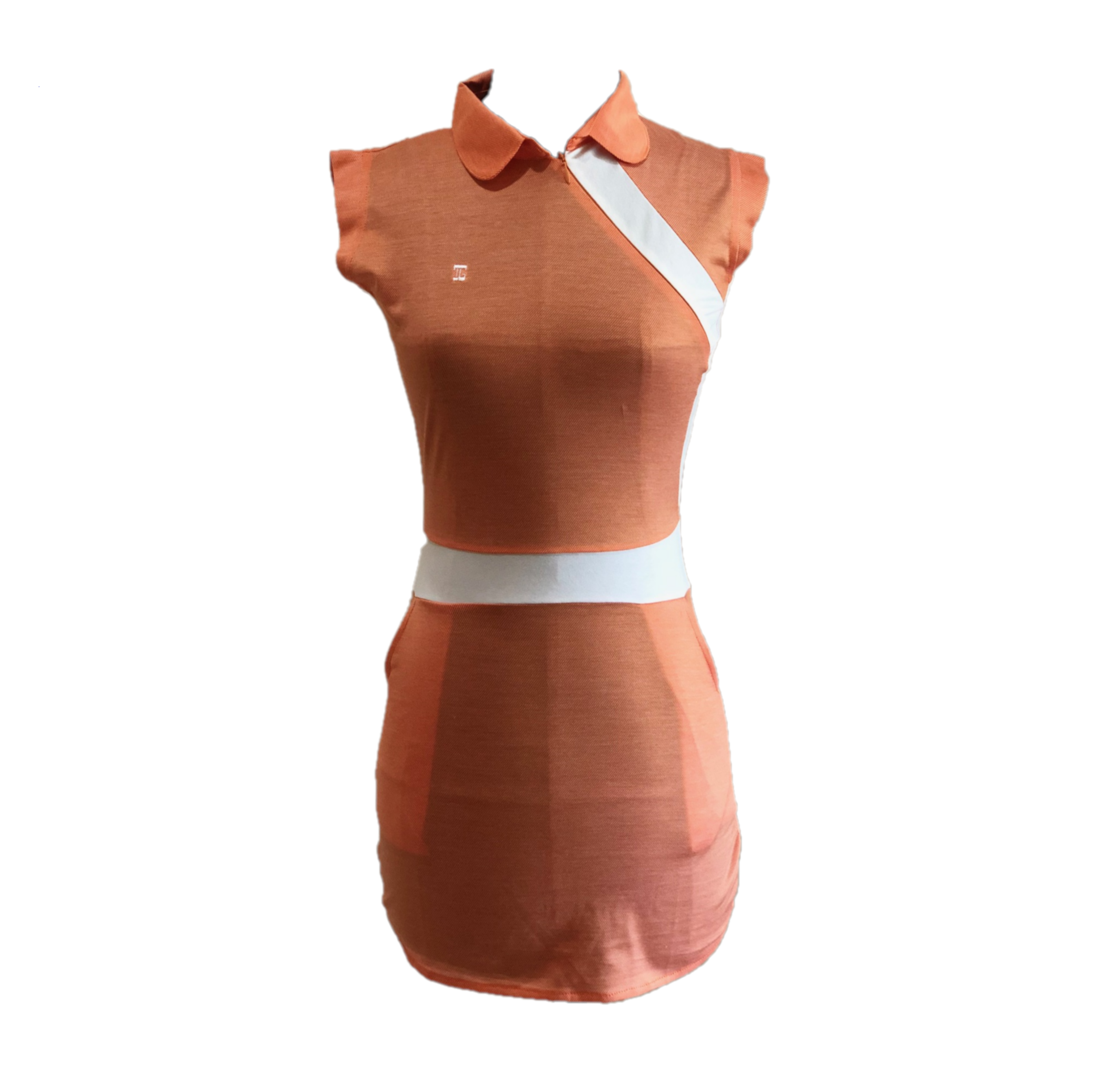 GD-011C || Golf Dress Ultra Short Sleeve Apricot Fine Weave Texture with White Waist Sash & Shoulder Slash