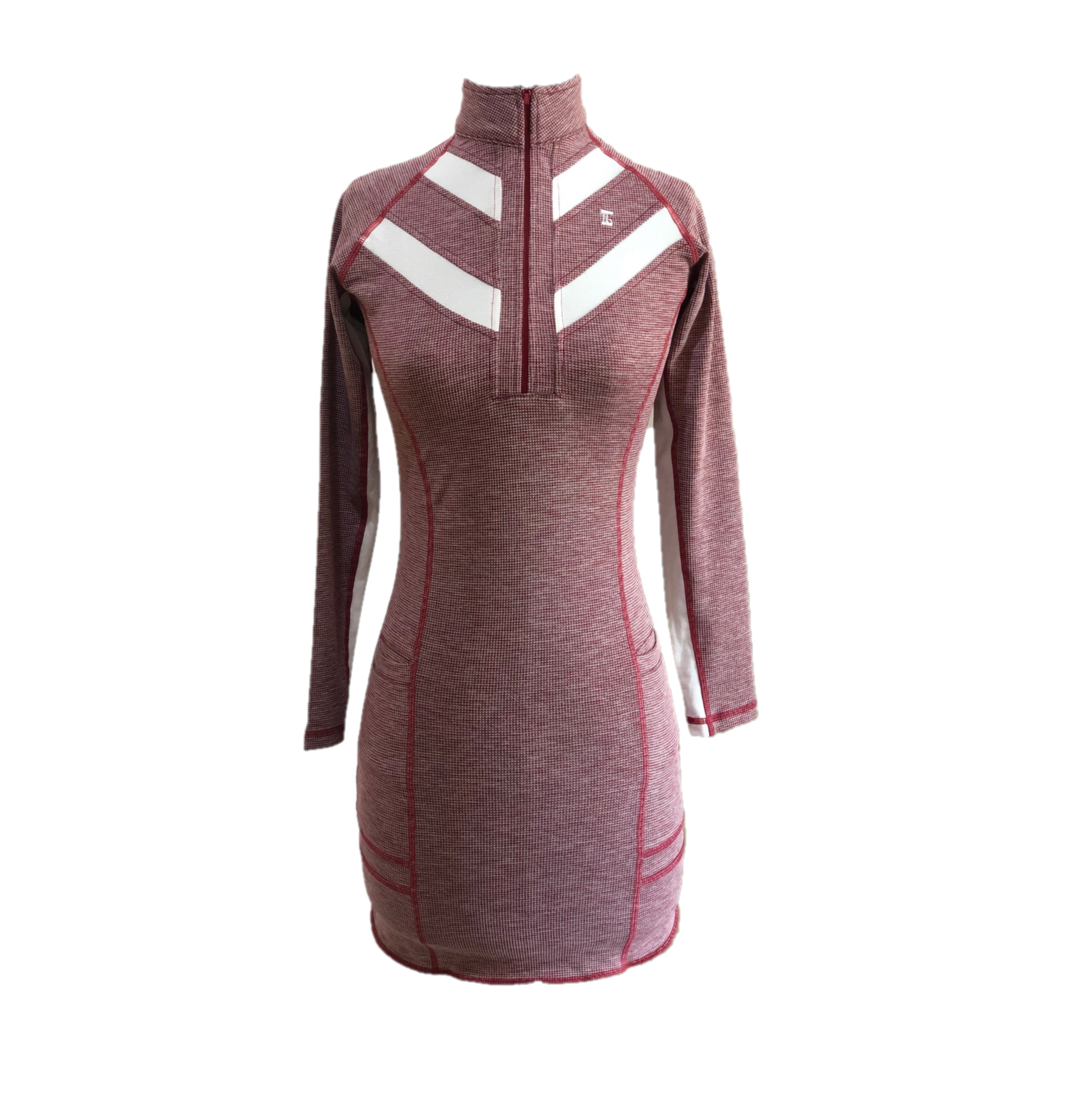 GD-019 || Golf Dress Long Sleeved Maroon Marble and White Tweed Featured Over Locked Seems with Double Hem Overlocking Textured Fabric, Wide Back Chevron Stripes 2 Each Side of Front Collar, Zip Mock Polo Neck, 2 Front Pockets with White Trim