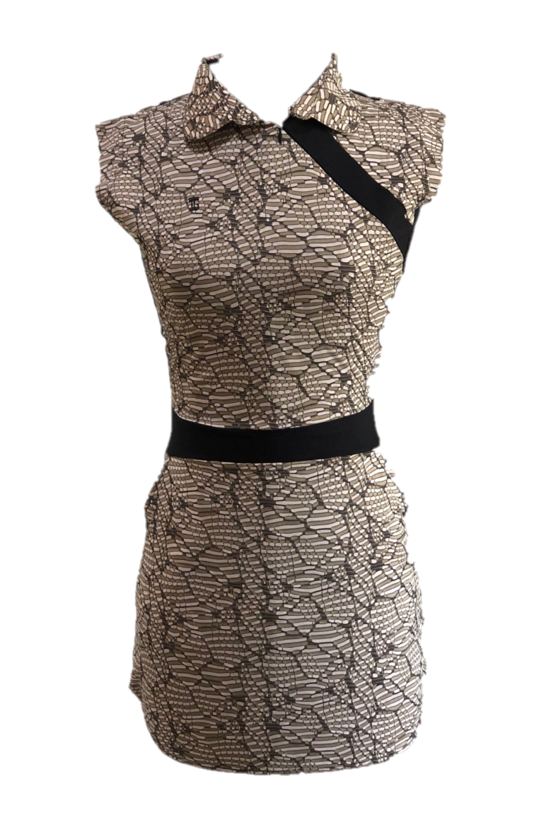 GD-011D || Golf Dress Ultra Short Sleeve Brown With  Brown Modern Batik Black Waist Sash & Shoulder Slash