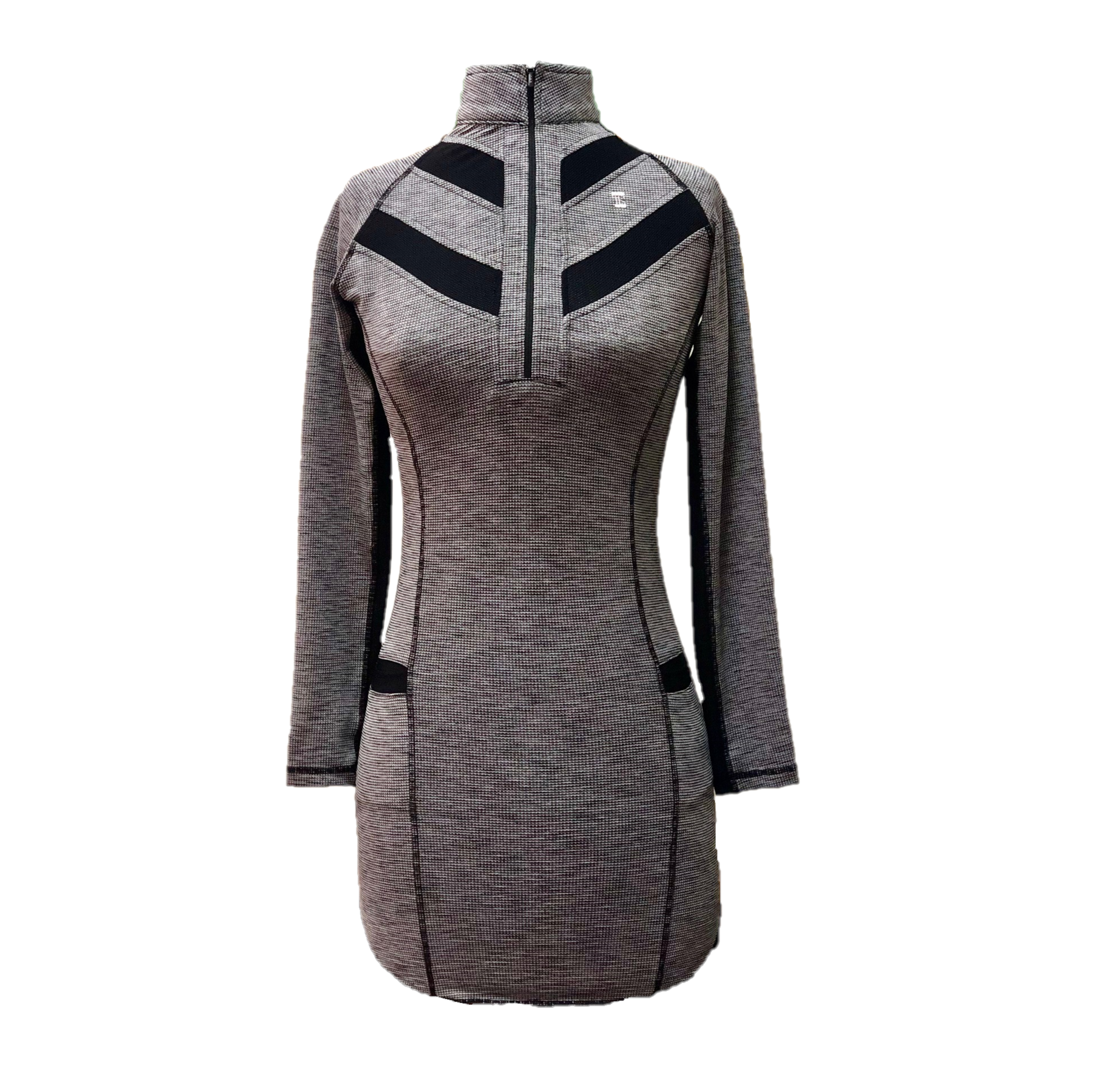 GD-018 || Golf Dress Long Sleeved Charcoal and White Textured Fabric, Wide Back Chevron Stripes 2 Each Side of Front Collar, Zip Mock Polo Neck, 2 Front Pockets with Black Trim