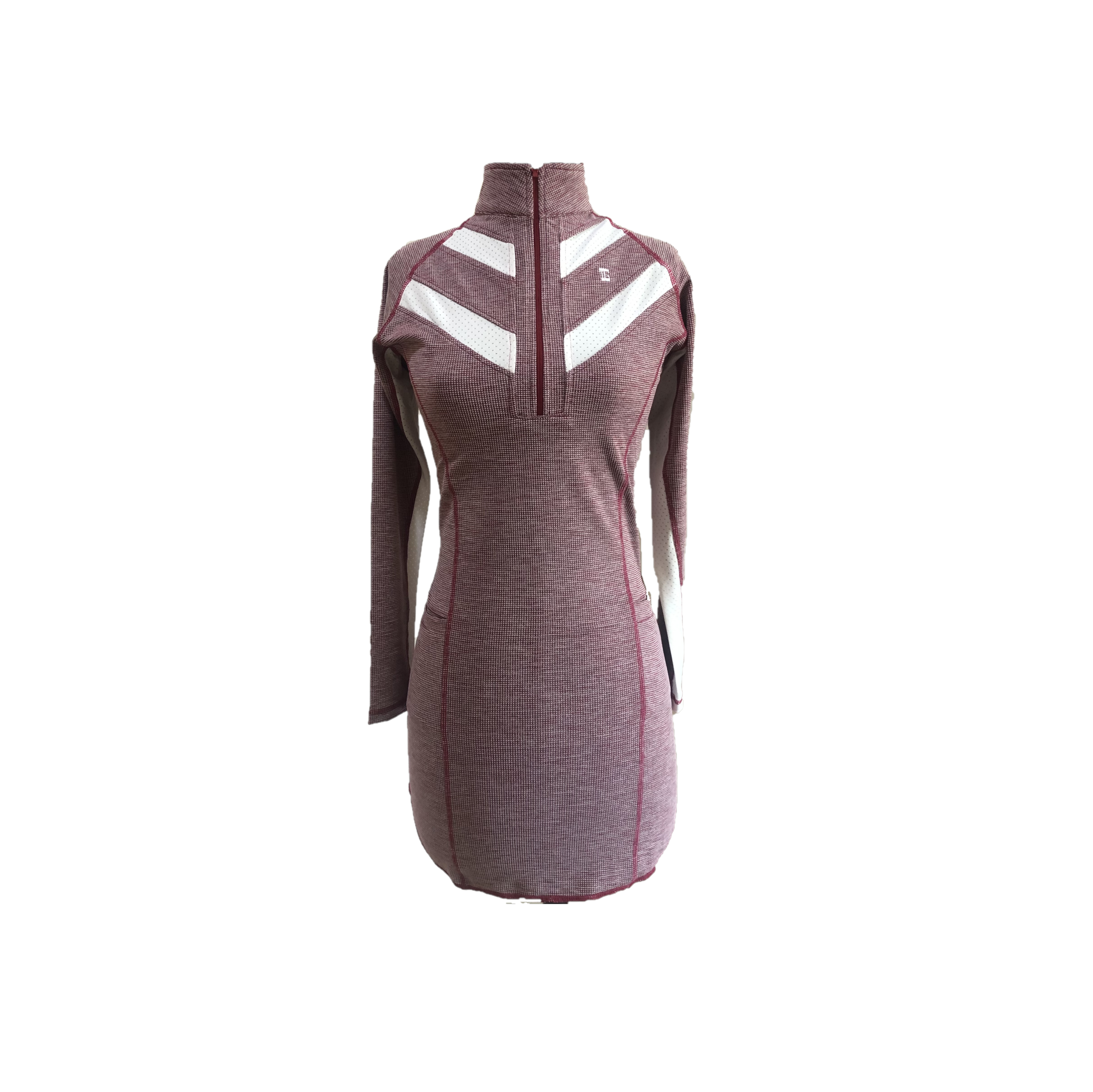 GD-018A || Golf Dress Long Sleeved Maroon Marble  and White Tweed  Featured Over Locked Seems  Textured Fabric, Wide Back Chevron Stripes 2 Each Side of Front Collar, Zip Mock Polo Neck, 2 Front Pockets with black Trim