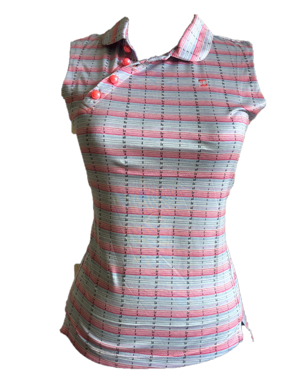 LT-091I || Ladies Sleeveless Top Light Blue, Pink White  Horizontal Bands , Angled 4 Pearl Button Neck.