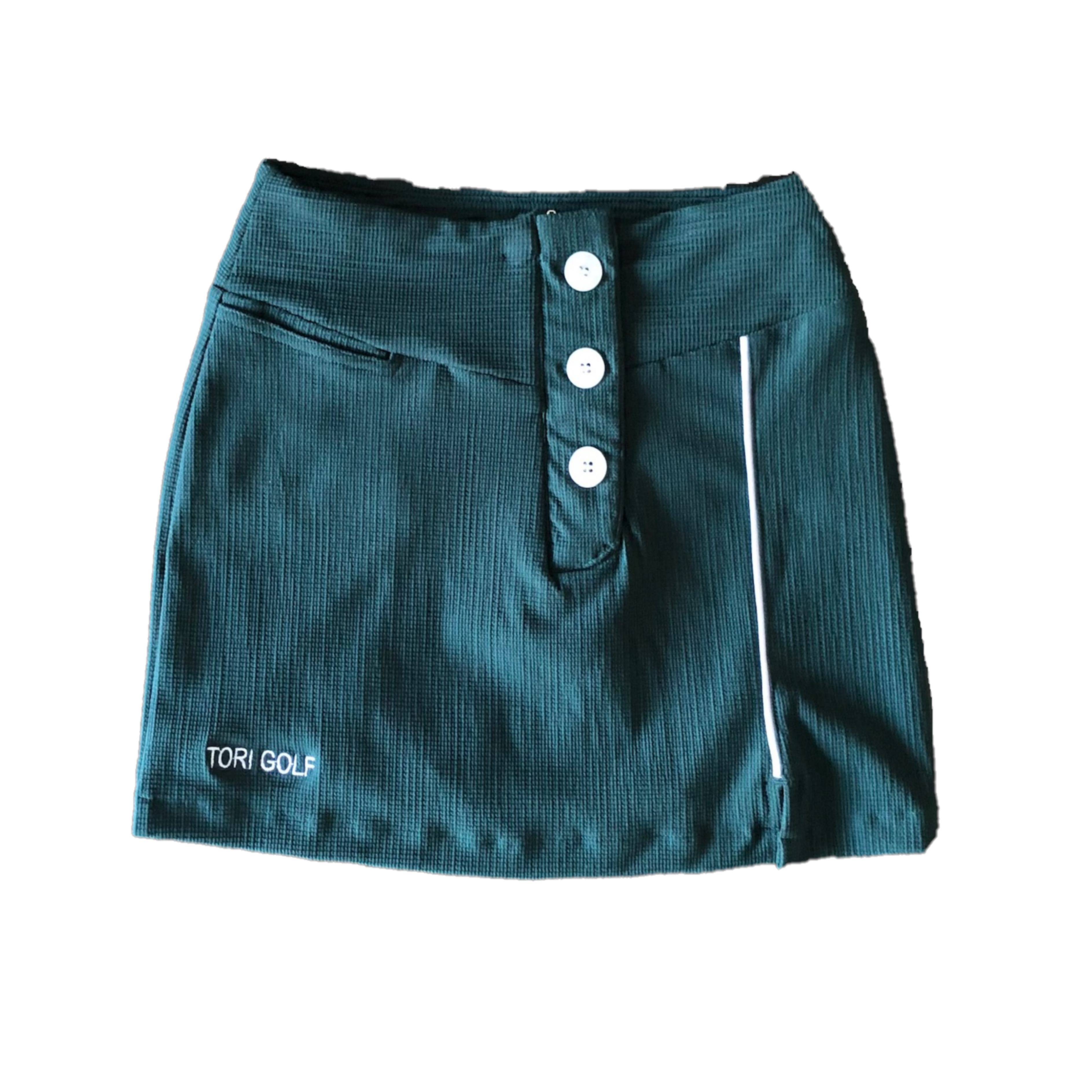 LS-063C || Ladies Skirt Bottle Green Hessian Texture With One White Pipes Vert Stripe 3  Buttons Concealing Zip Fastening 2 Rear Pockets One Front Pocket