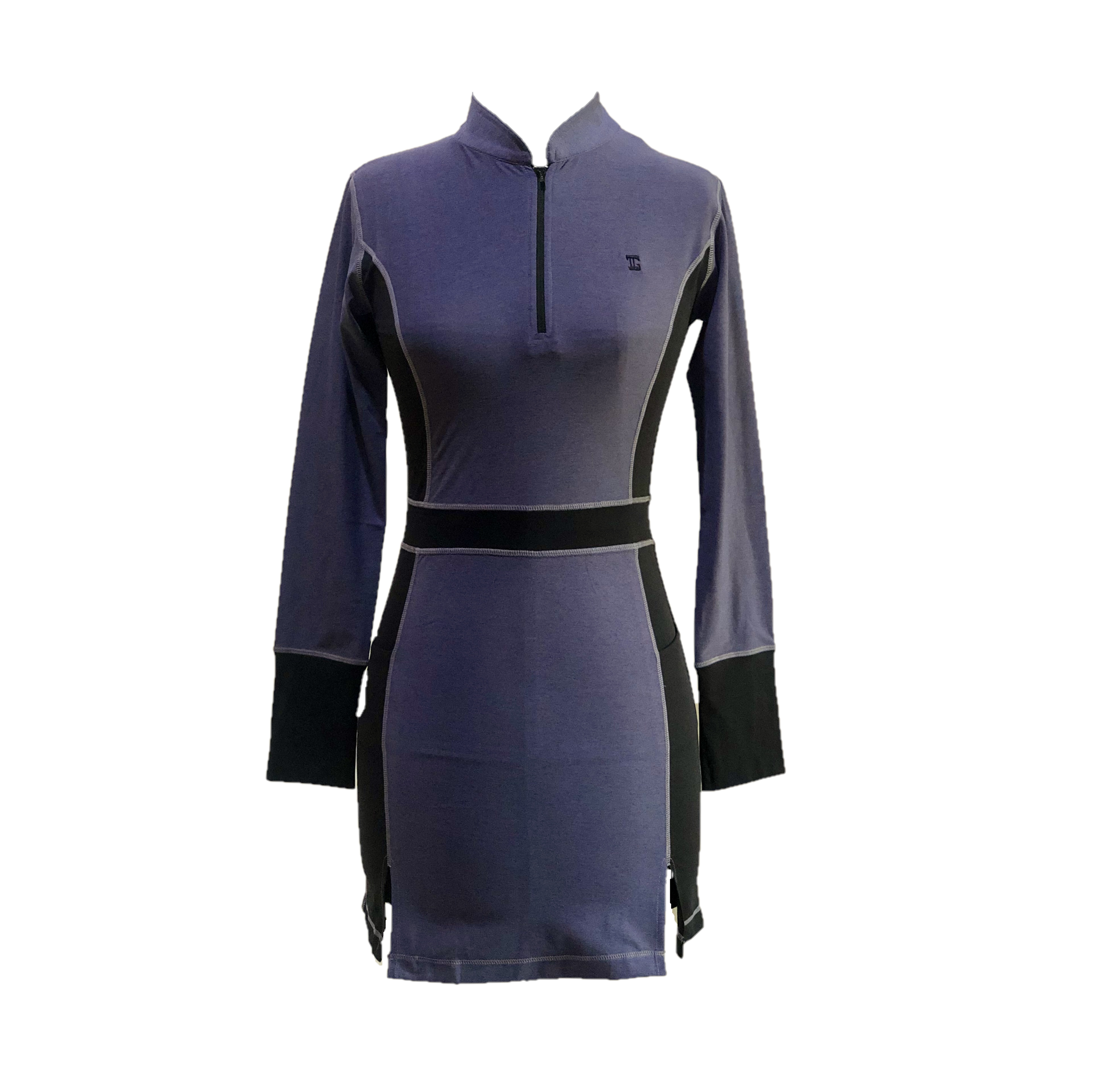 GD-016C || Golf Dress Long Sleeve Monalisa Blue With Black Half Belted Waist Cuff Belted Under Arm Side Panel Zipper Mandarin Type Collar With Peaked Back Section.