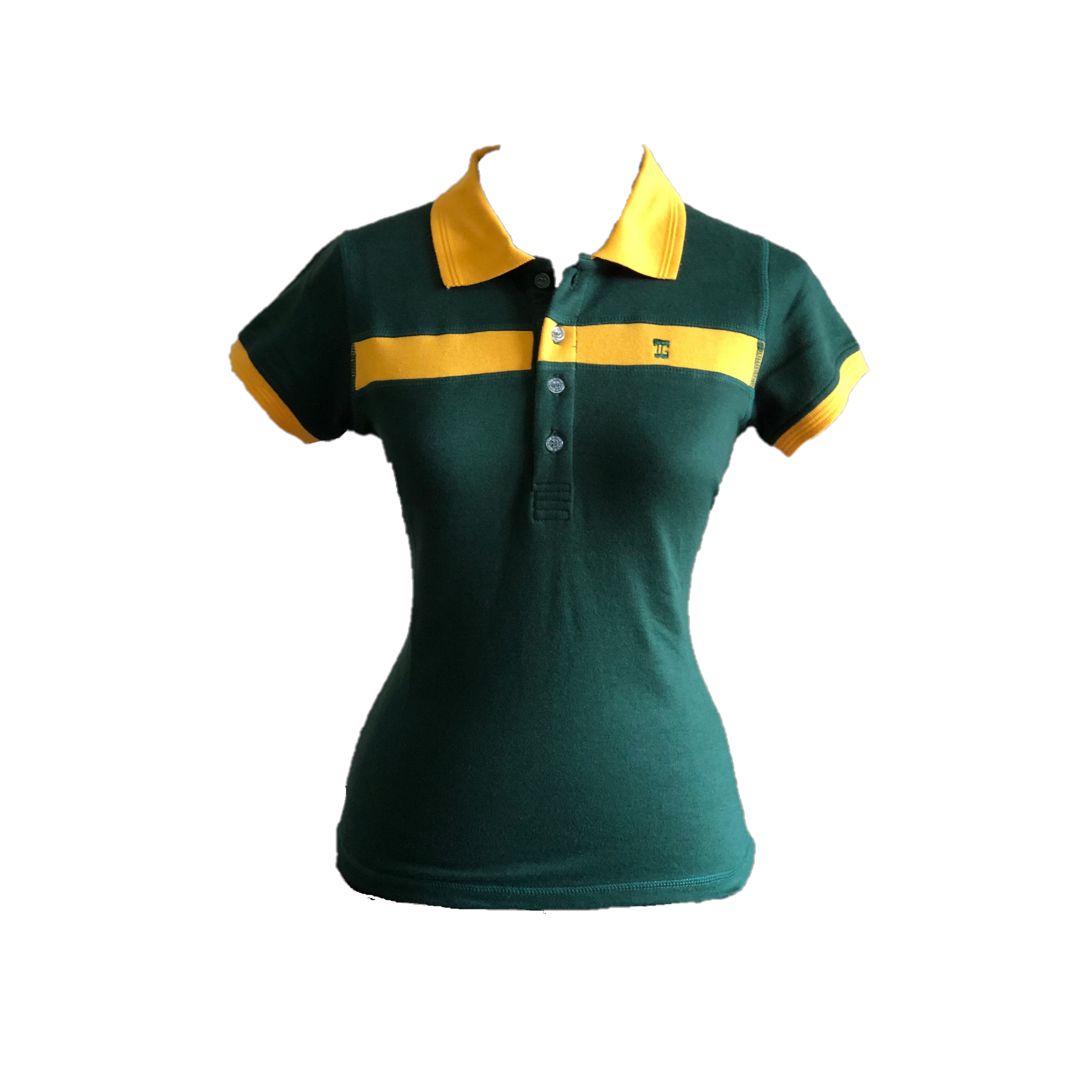 LT-102B || Ladies Top Short Sleeve Bootle Green With Broad Yellow Horizontal Chest And Back Street Collar One Conseald Side Seam Pocket And Sleeve Trim