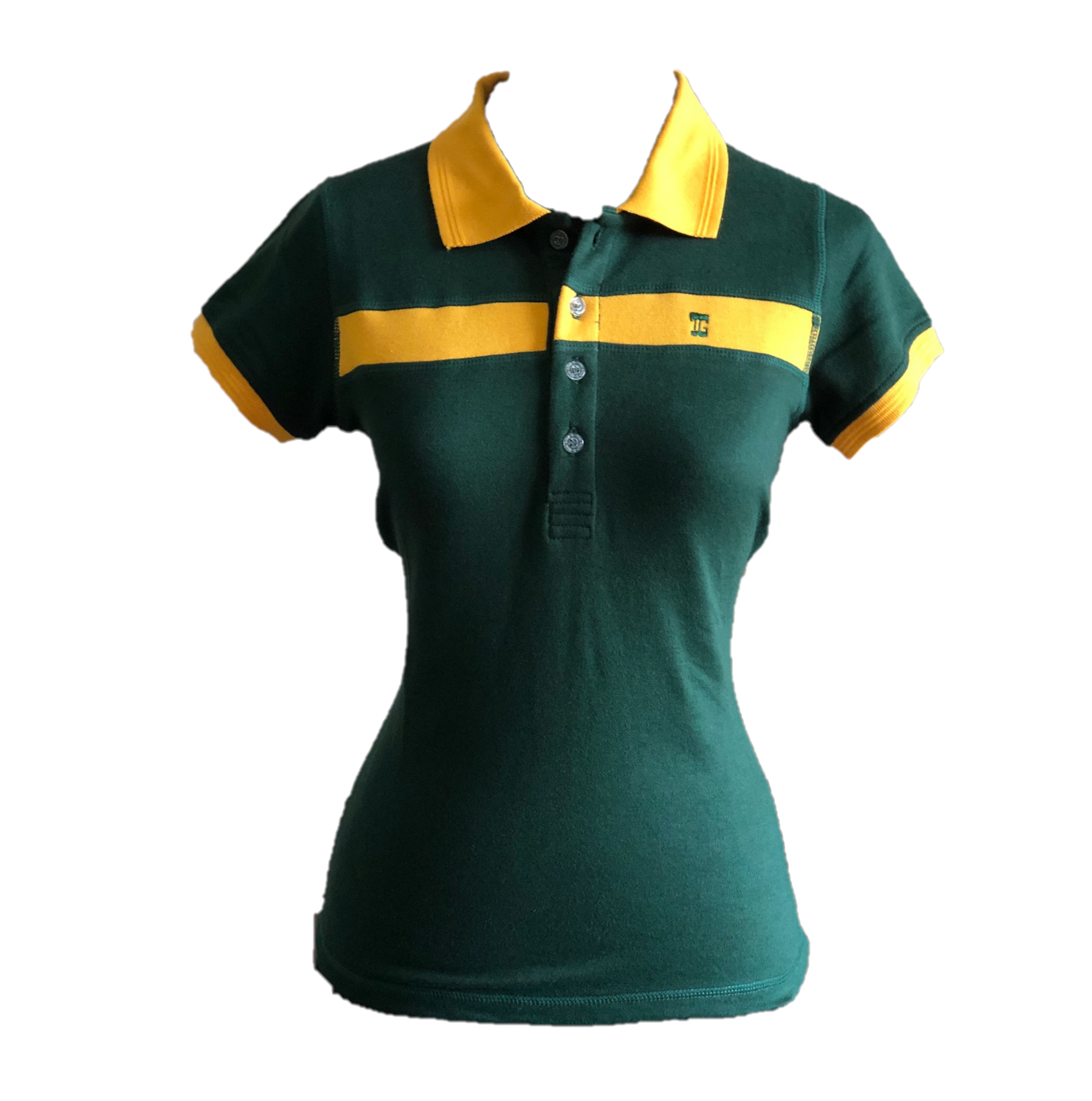 LT-102B || Ladies Top Short Sleeve Bootle Green With Broad Yellow Horizontal Chest And Back Street Collar One Conseald Side Seam Pocket And Sleeve Trim