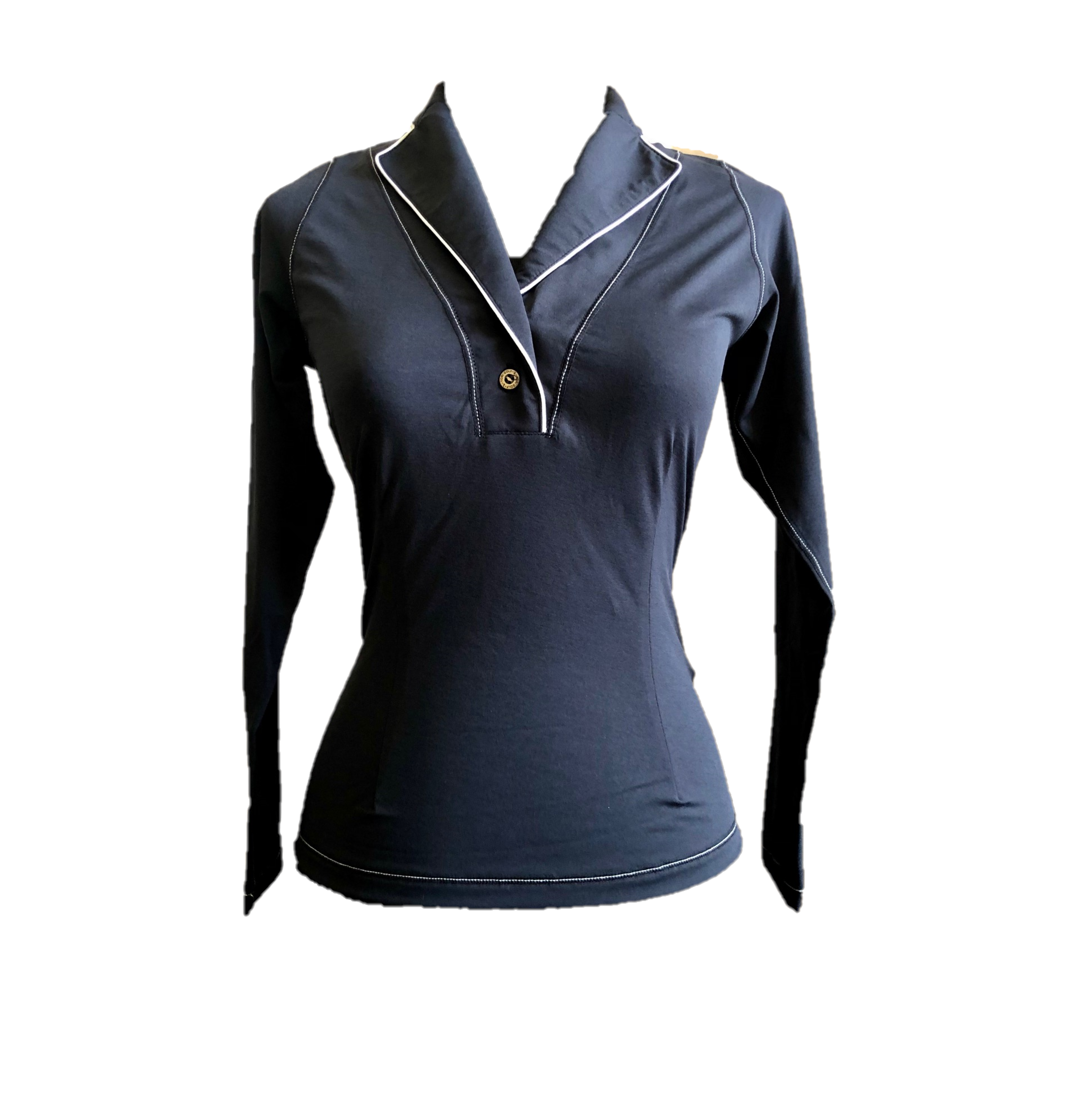 LT-110 || Ladies Top Black Long Sleeve Shawl Neck 2 Button With White Piping.