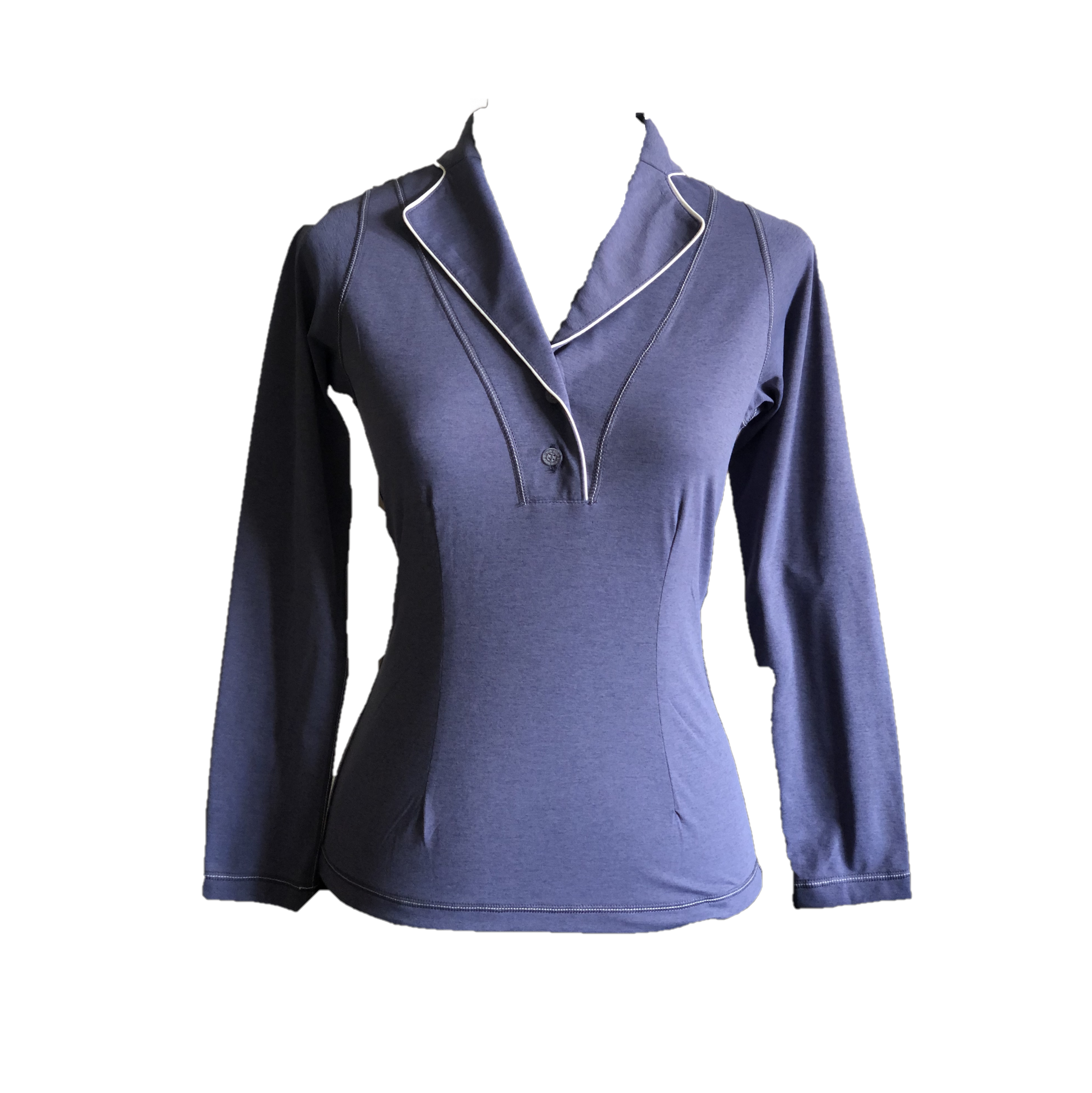 LT-110A || Ladies Top Smoke Blue Long Sleeve Shawl Neck 2 Buttons with White Piping