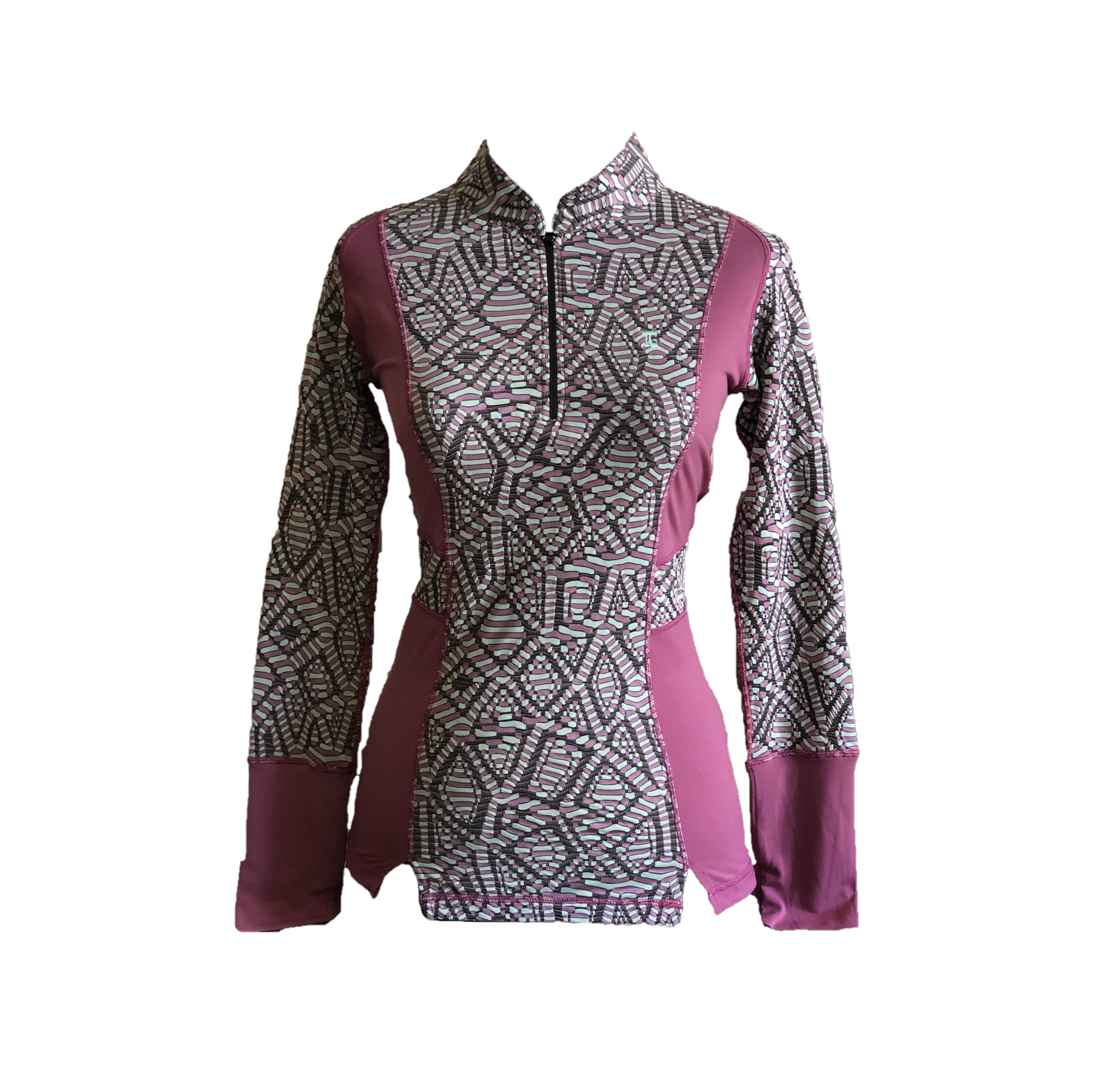 LT-112A || Ladies Top Long Sleeve Light Green And Modern Batik With Mauve Half Belted Waist Cuffs Under Arm Side Panels Zippered Mandarin type collar With Peaked Back Section