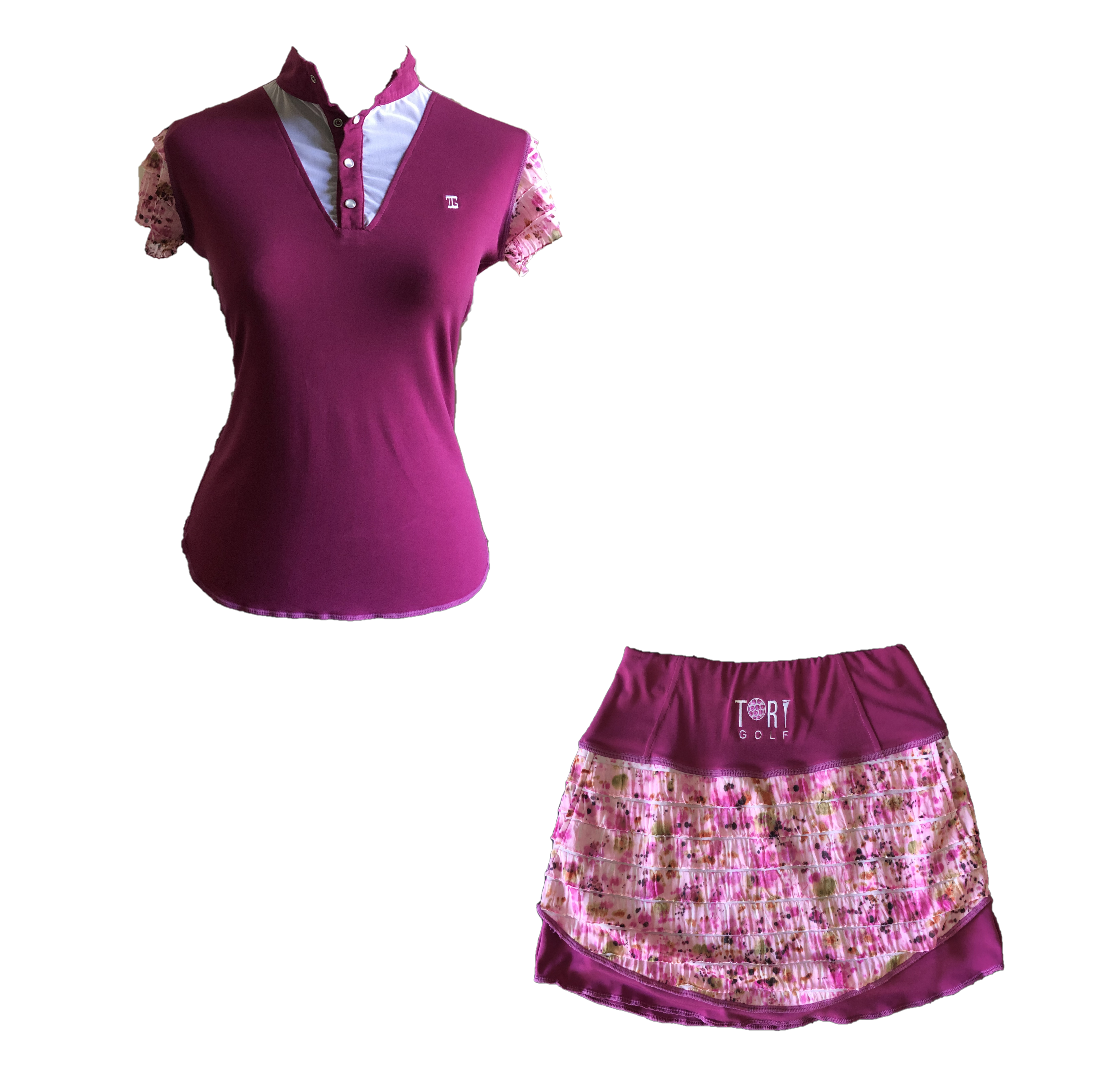 LGS-015A || Ladies Set Top Boysenberry Purple Shirred / Layered Brown & White Motif Sleeves Button Mandarin Collar White Neck V Inset – Skirt  Boysenberry with White and Pale Green  Horizontal  Flouncess – 2 Side and One Rear Waste Zip Pocket