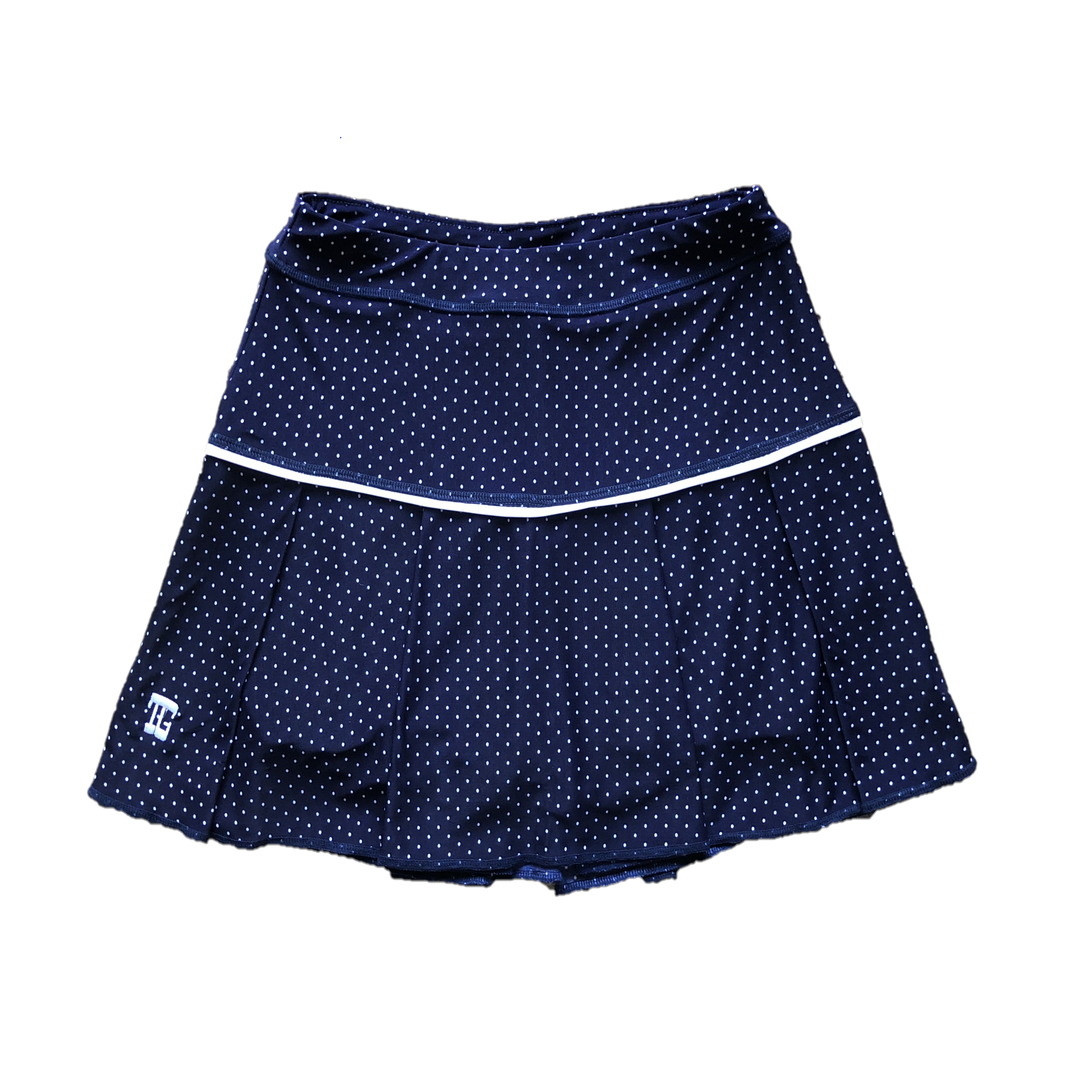LS-074 || Skirt Navy Blue with Small White Polka Dots White Horizontal Waist Beading and 4 Box Pleats
