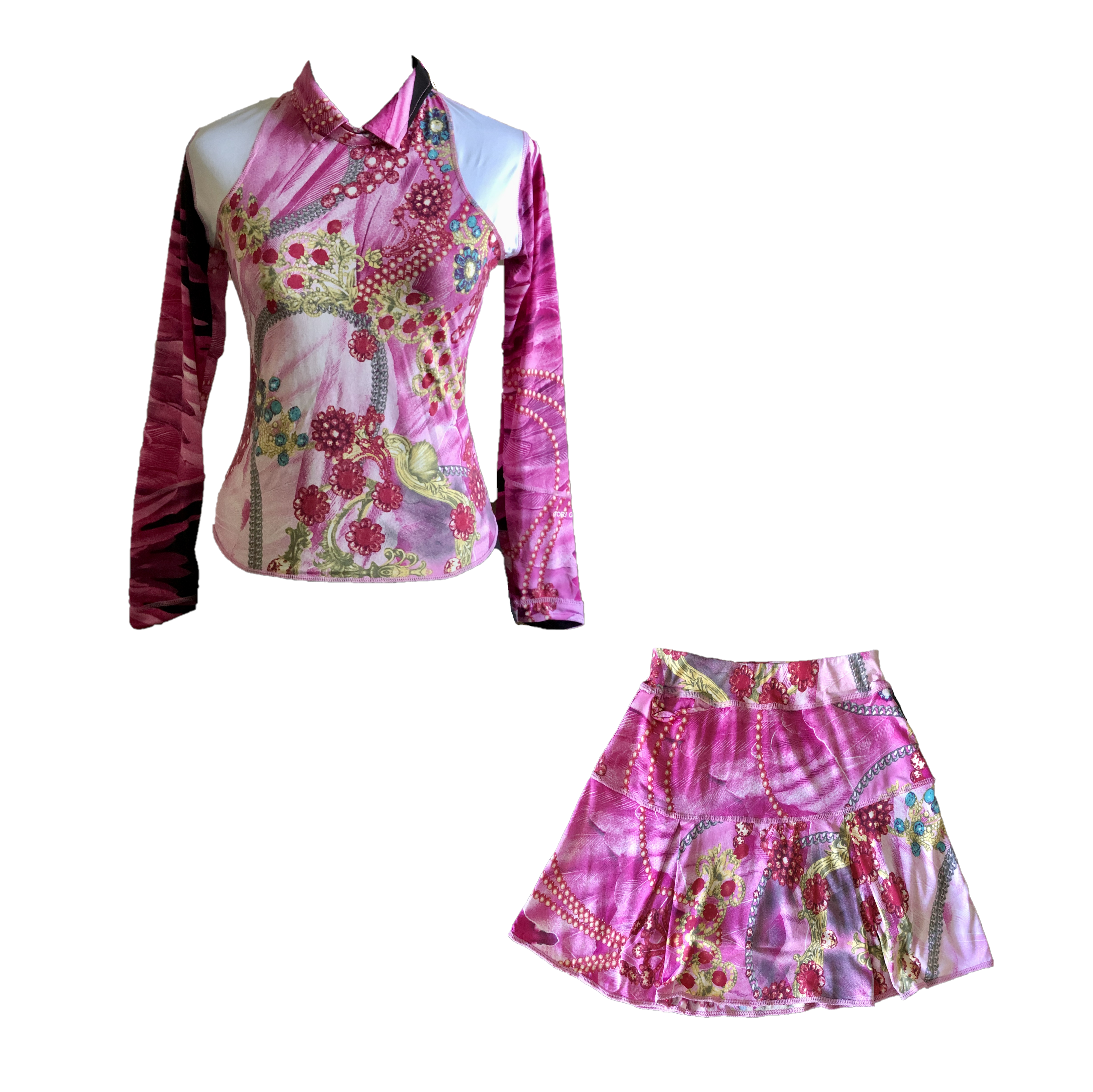 LGS-010 || Ladies Golf Skirt & Top Pink with White Combination On Shoulder Long Sleeve
