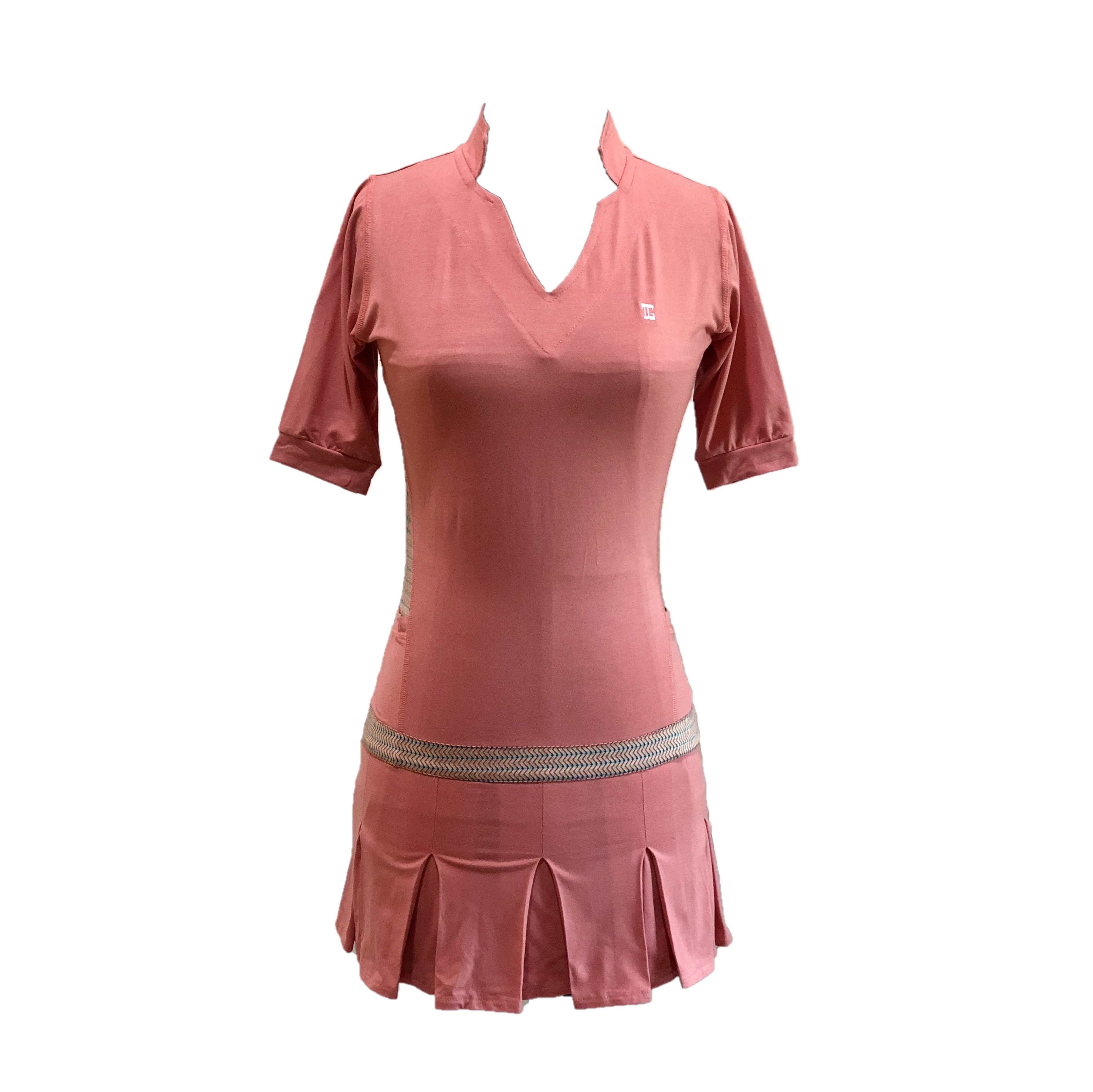 GD-017 || Golf Dress Salmon Pink Open V Neck Mandarin Collar Pleated Swing Hem with Orange Blue and White Fine Herringbone Pattern Underarm and Above Hemline Trim, 2 Side Pockets