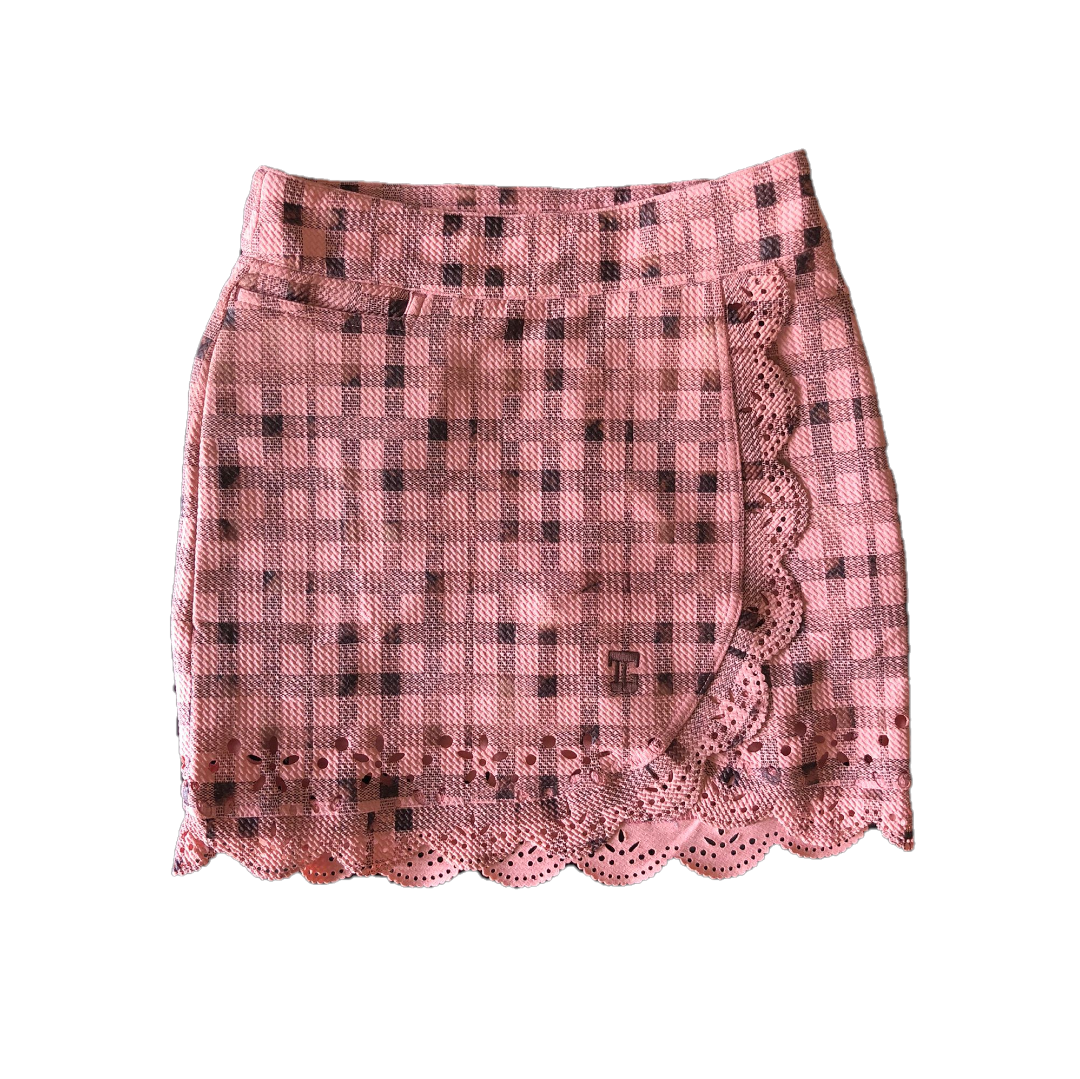 LS-041B || Ladies Skirt Wrap Around Light Brown With Dark Brown Check Lace Hem