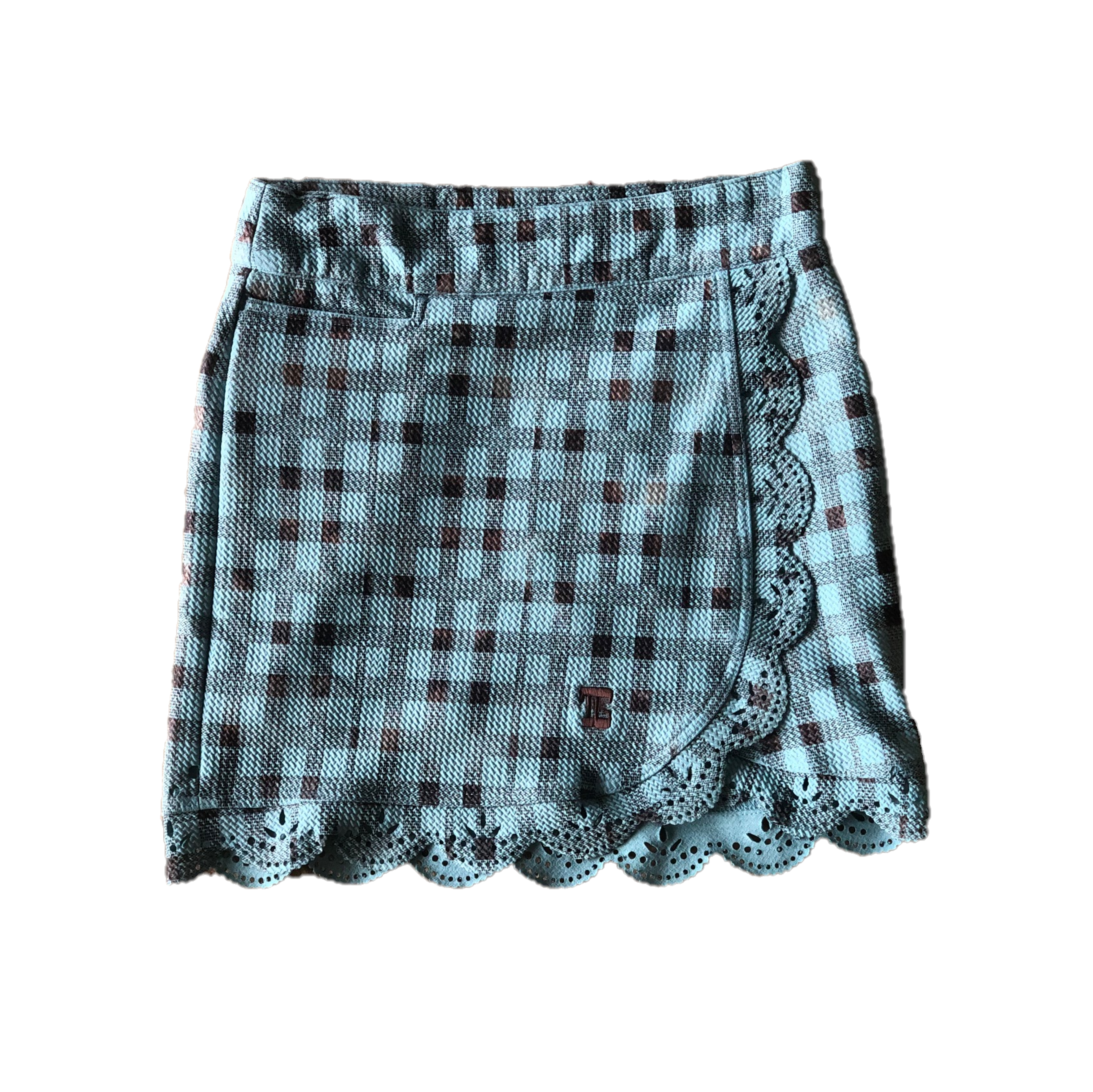 LS-041C || Ladies Skirt Wrap Around Blue With Black & Grey Check Hem.