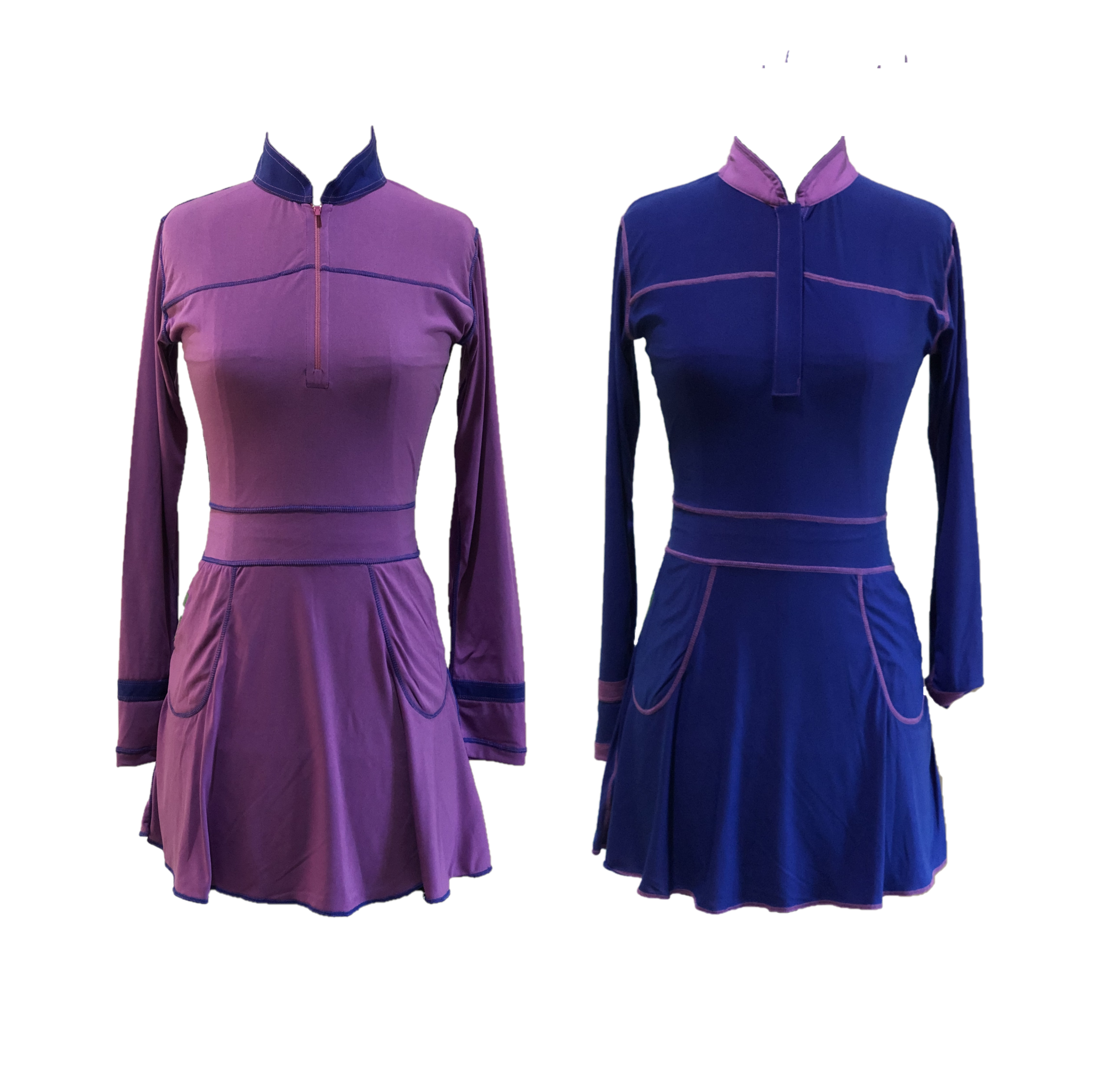 RGD-023A || Golf Dress Reversible Long Sleeve One Side Purple / Mauve with Featured Contrasting Navy Blue Overlocked Stitched Seams Other Side Navy Blue with Featured Contrasting Purple Overlocked Stitched Seams, Mandarin Collar Zip Fastened, 2 Side Entry Patch