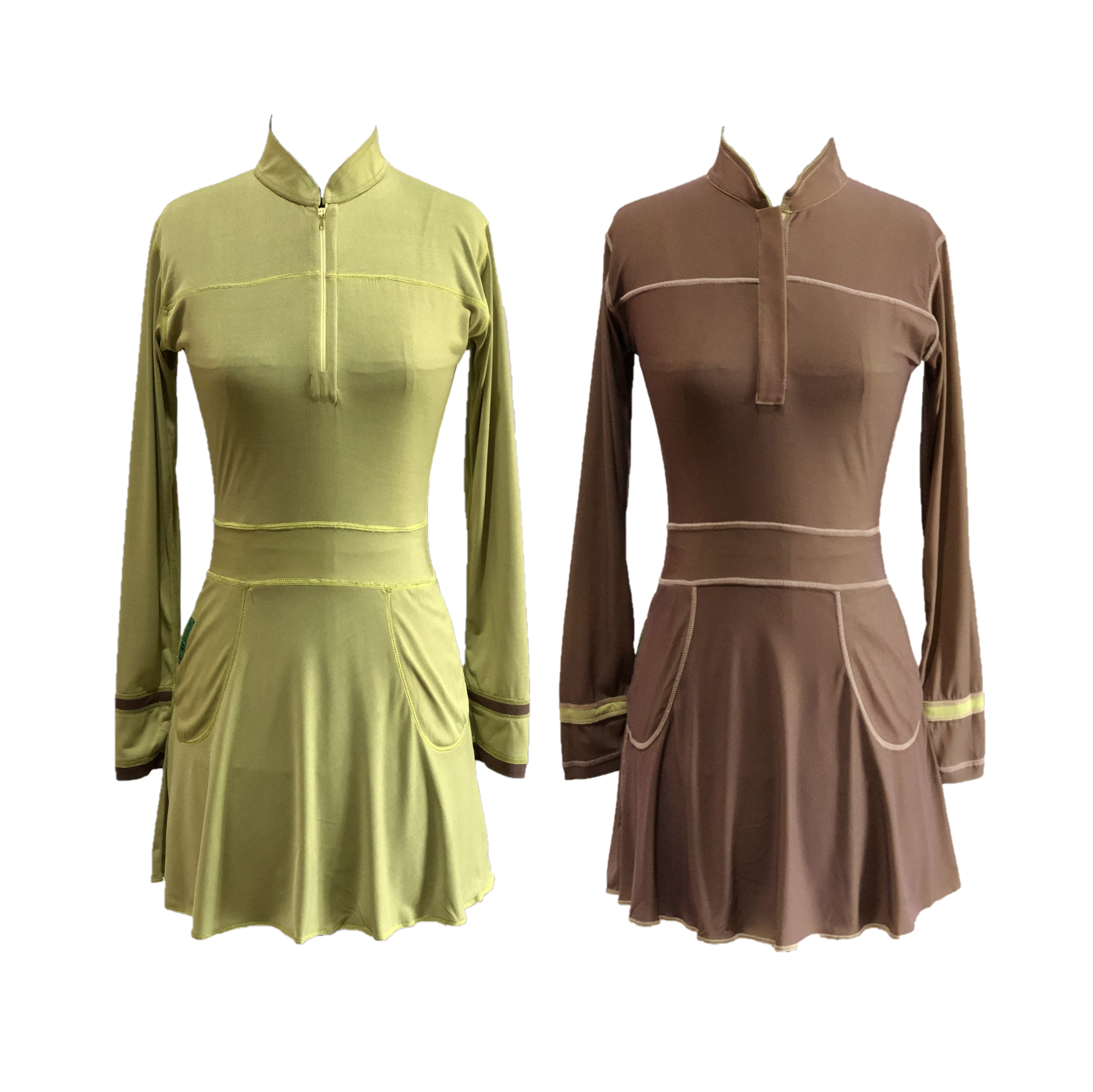 RGD-023B || Golf Dress Reversible Long Sleeve One Side Kiwi Green with Featured Contrasting Espresso Brown Overlocked Stitched Seams Other Side Espresso Brown  with Featured Contrasting Kiwi Green Overlocked Stitched Seams Mandarin Collar  Zip Fastened, 2 Side Entry Patch Pockets