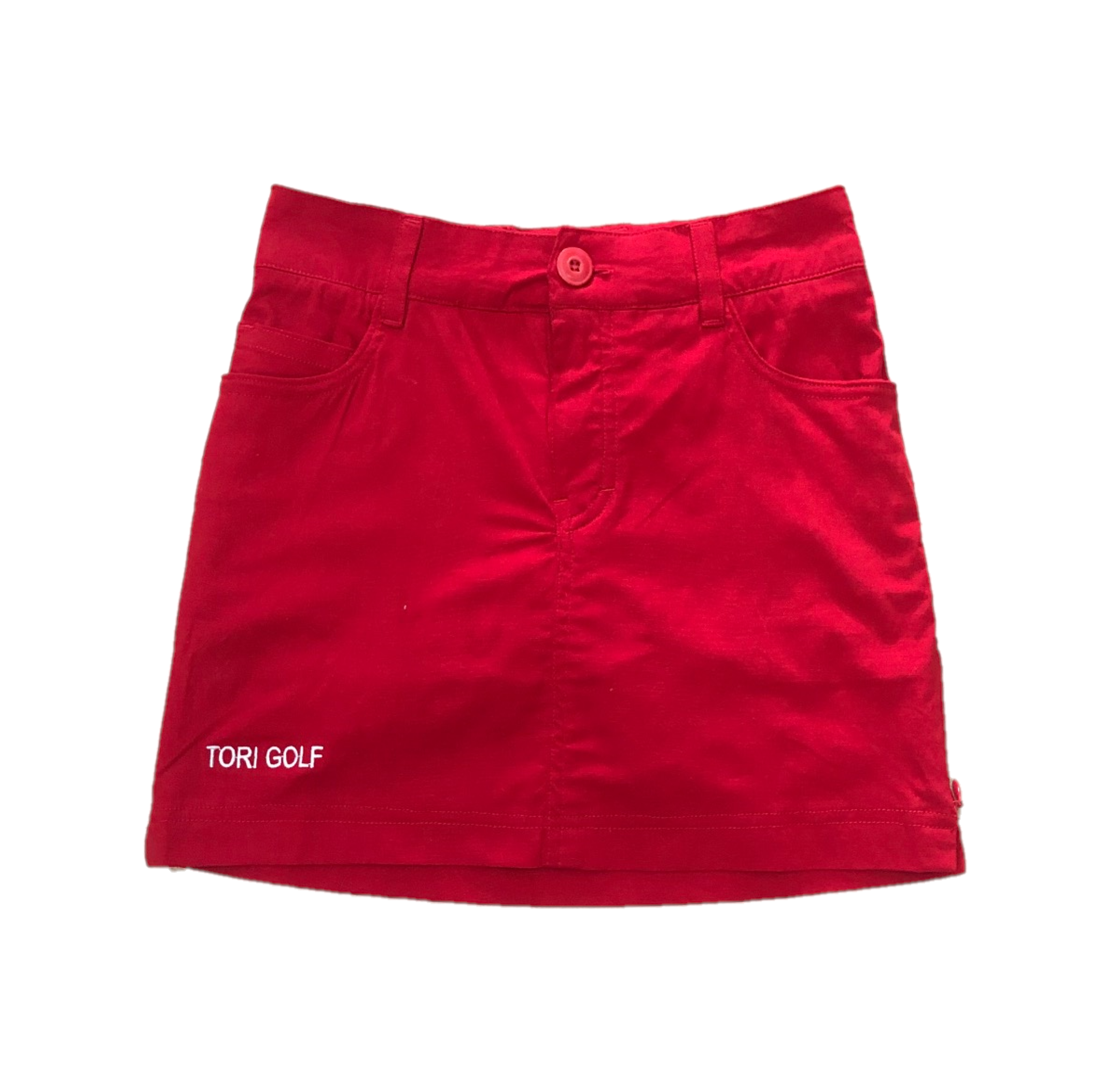 LS-021J || Ladies Skirt Red With 2 Round Front Pockets 2 Rear Patch Front Zipper And 2 Zipped Side Vents.