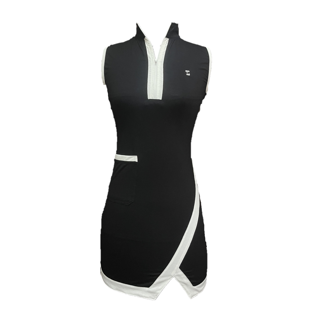 GD-025A || Golf Dress Black with White Trim Lapel Zip Fastening and White  Straight Cut Front Right Pocket and Short Vee Hem Split Sleeveless - Tori  Golf - Fashion by a golfer