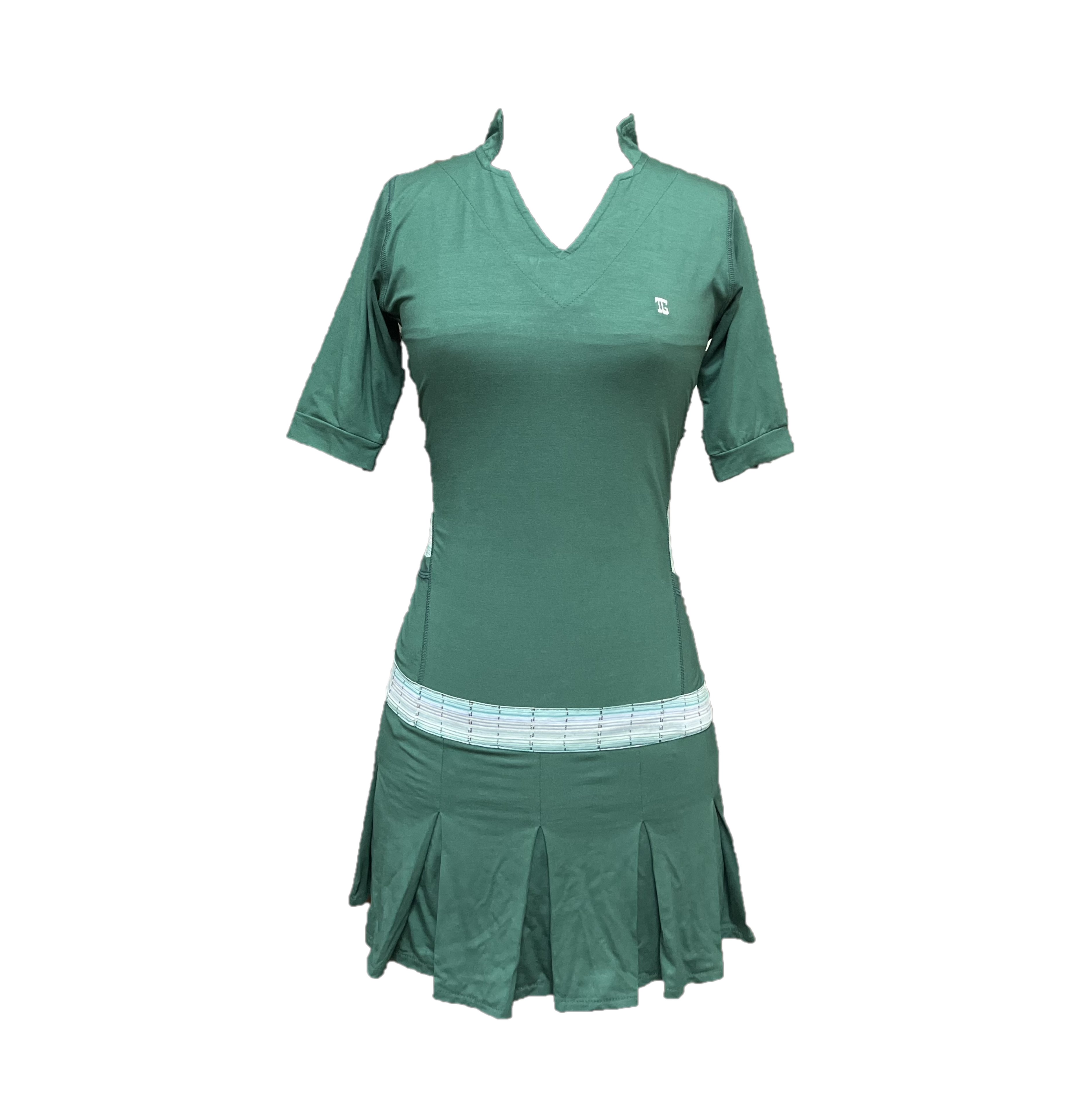 GD-017A || Golf Dress Dark Green, Open V Neck Mandarin Collar Pleated Swing Hem with White and Green Fine striped Motif Breathable Underarm and Above Hemline Trim Panels, 2 Side Pockets Mid Length Short Sleeves